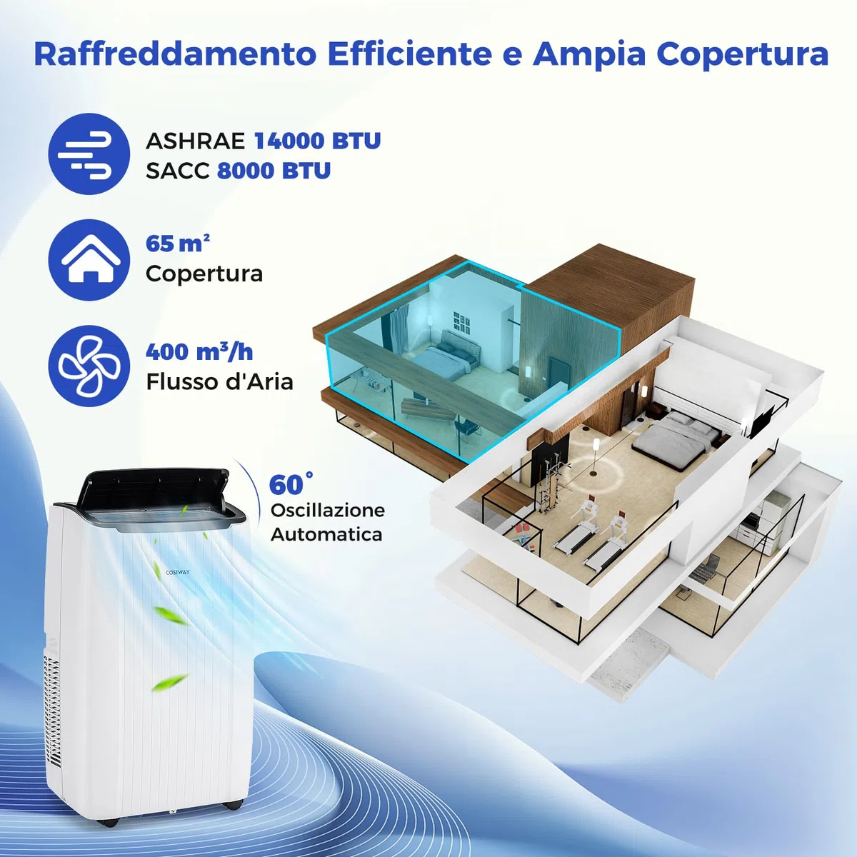 COSTWAY Condizionatore Portatile Caldo e Freddo, 14000BTU/4kW, 6 in 1 Con Raffreddamento, Riscaldamento, Ventola, Deumidificazione, Modalità Notturna e WiFi, 24H Timer, R290 (14000, BTU)