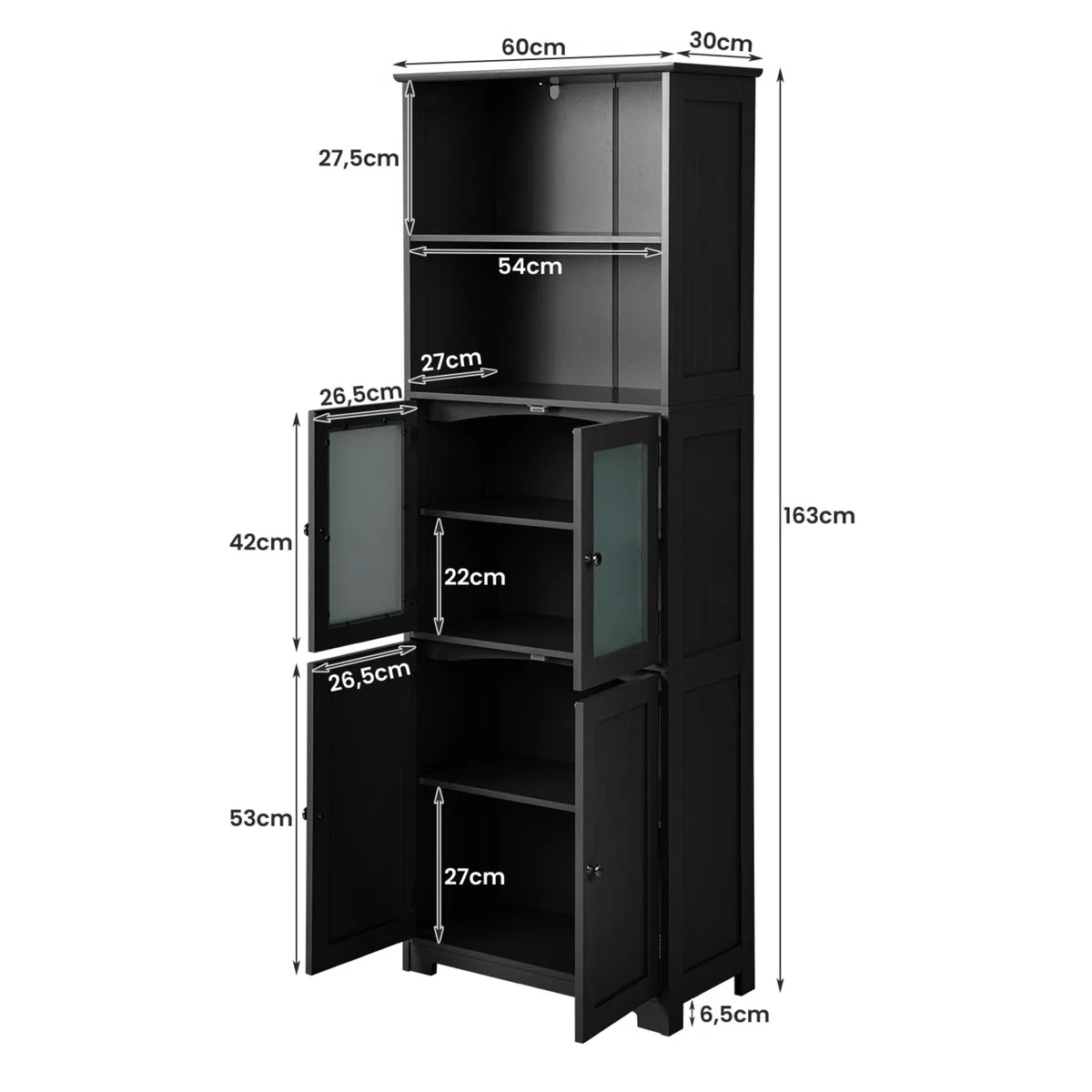 LIFEZEAL Mobiletto Alto da Bagno Salvaspazio, Mobiletto Multiuso in Legno, 60x30x163cm, Mobile Bagno con 2 Ante in Vetro, Armadietto da Terra con Ripiani Regolabile per Cucina e Soggiorno (nero)