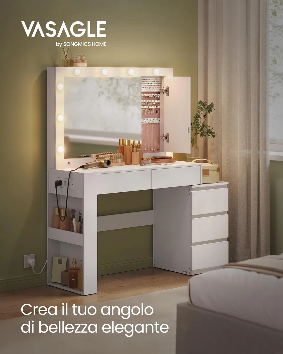 VASAGLE KAILYN Collezione - Toeletta da Trucco con Luce LED e Sgabello, Postazione Trucco con Specchio, Portagioielli, Stazione di Ricarica, 40 x 125 x 140 cm, con Cassetti, Bianco Nuvola RDT127WB01