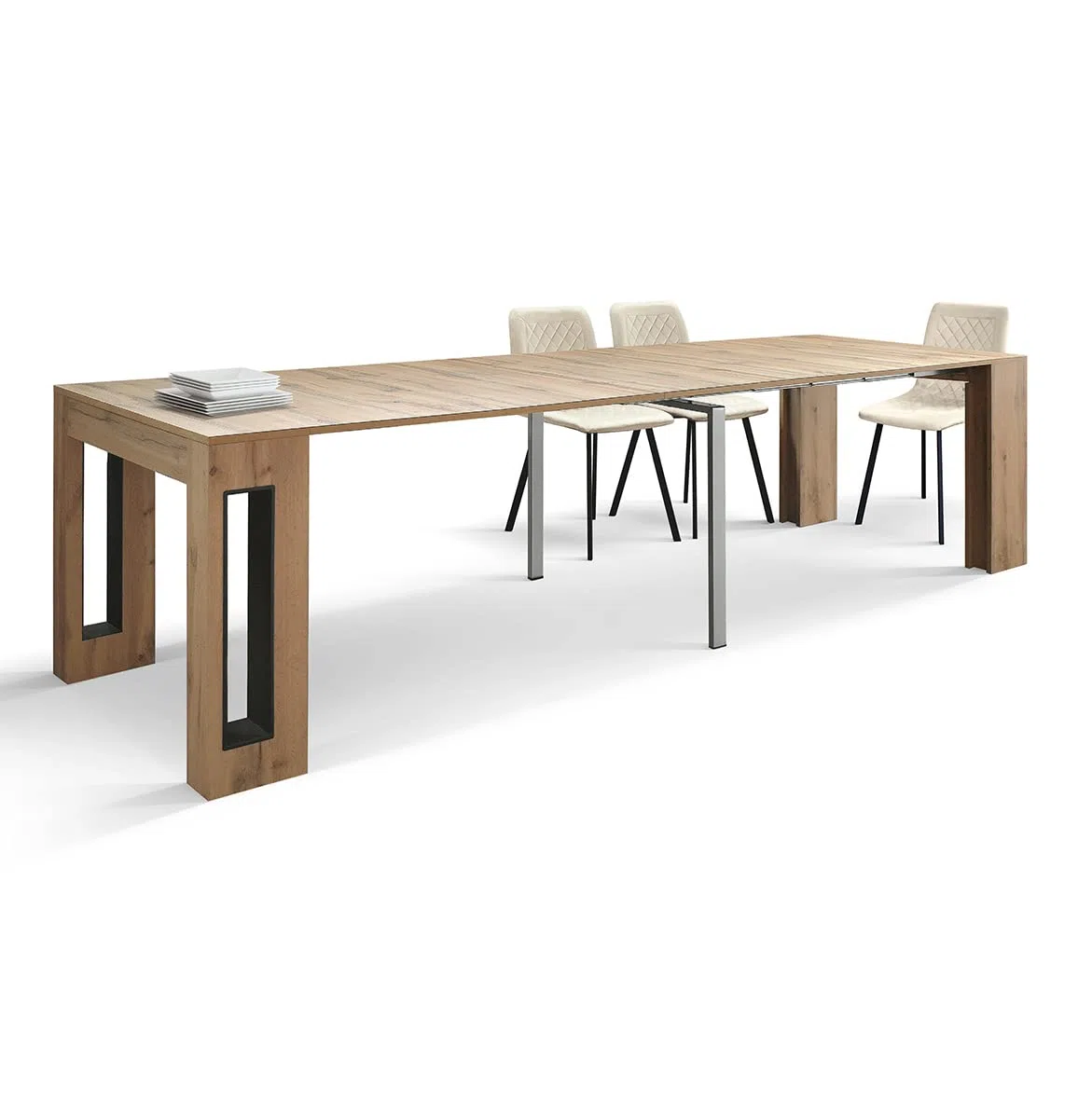 PAZZO DESIGN, Tavolo Consolle Allungabile Con Porta Prolunghe Elvire, Rovere Rustico, Fino A 12 Posti, Tavolo Consolle Cucina, Tavolo Consolle Salvaspazio, Made in Italy, Da 45 A 300 Cm - id_1931