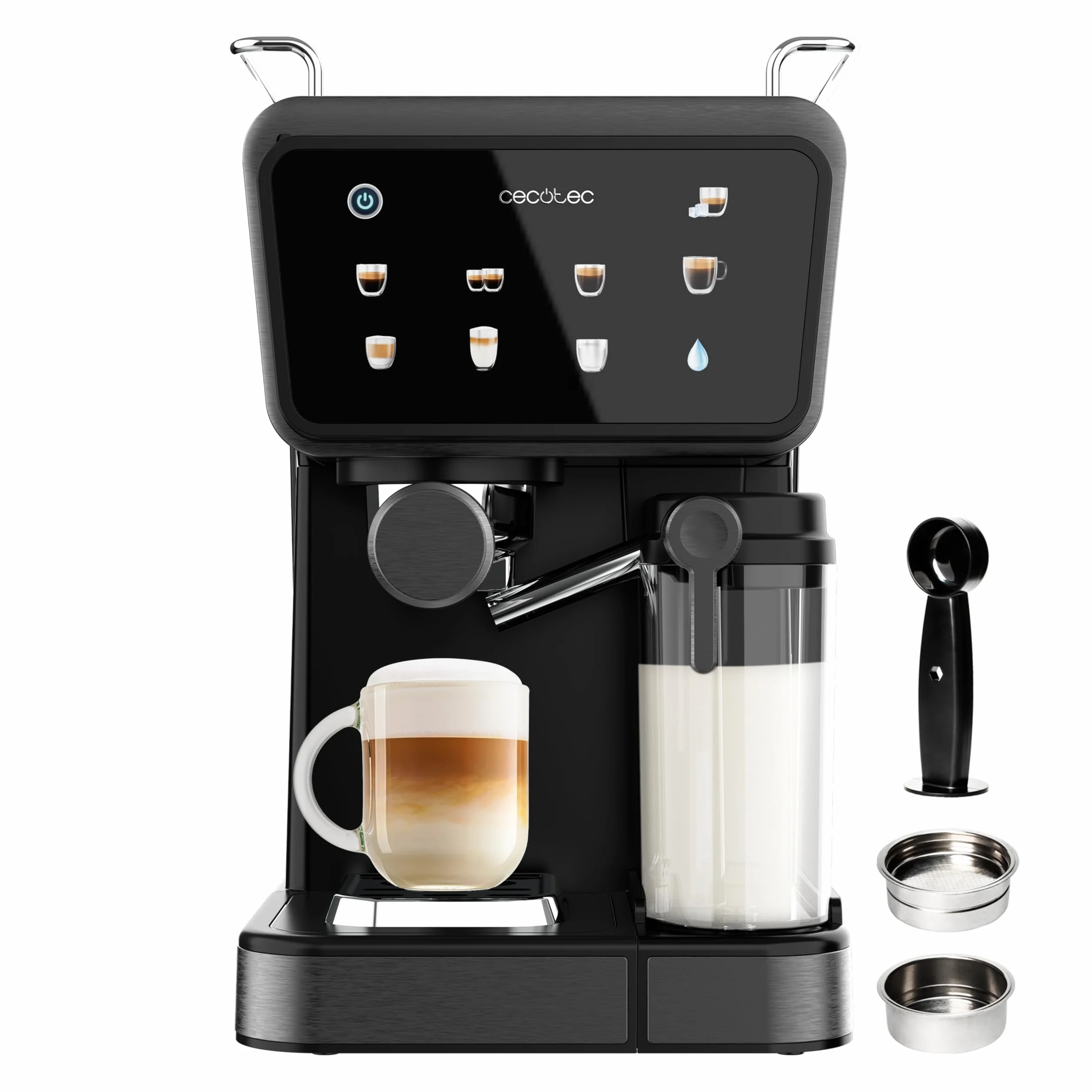 Cecotec Macchine da Caffè Espresso Semiautomatiche Power Espresso Touch ColdBrew Latte. 1350W, 20 Bar, Freddo, Tiepido, Caldo, Schermo Tattile, Serbatoio Acqua 1.5L, Latte 500ml, Doppio Braccio