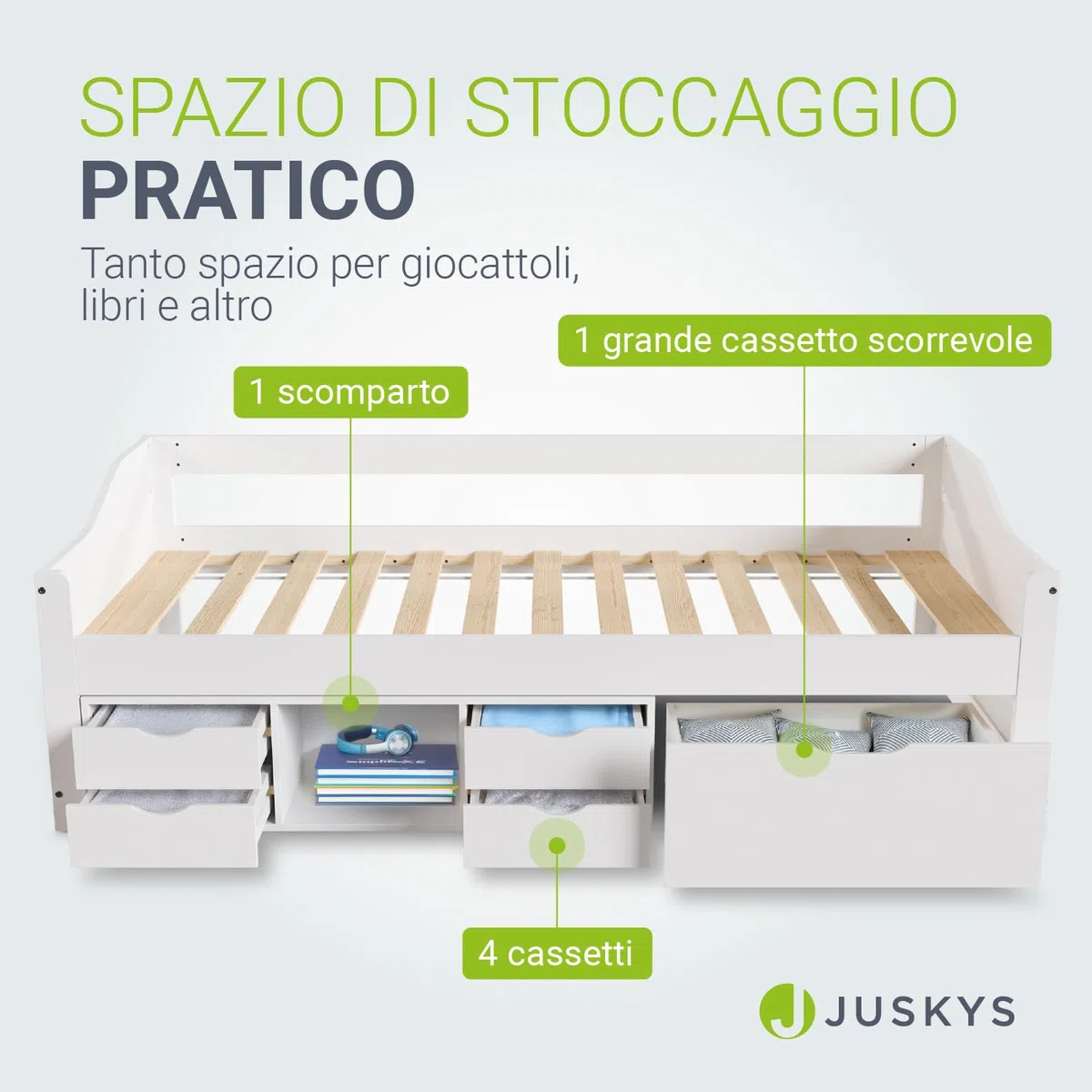 Juskys Letto per bambini 90x200 con cassetti e rete a doghe – letto in legno massiccio di pino con contenitore – letto singolo per bambina e bambino – bianco