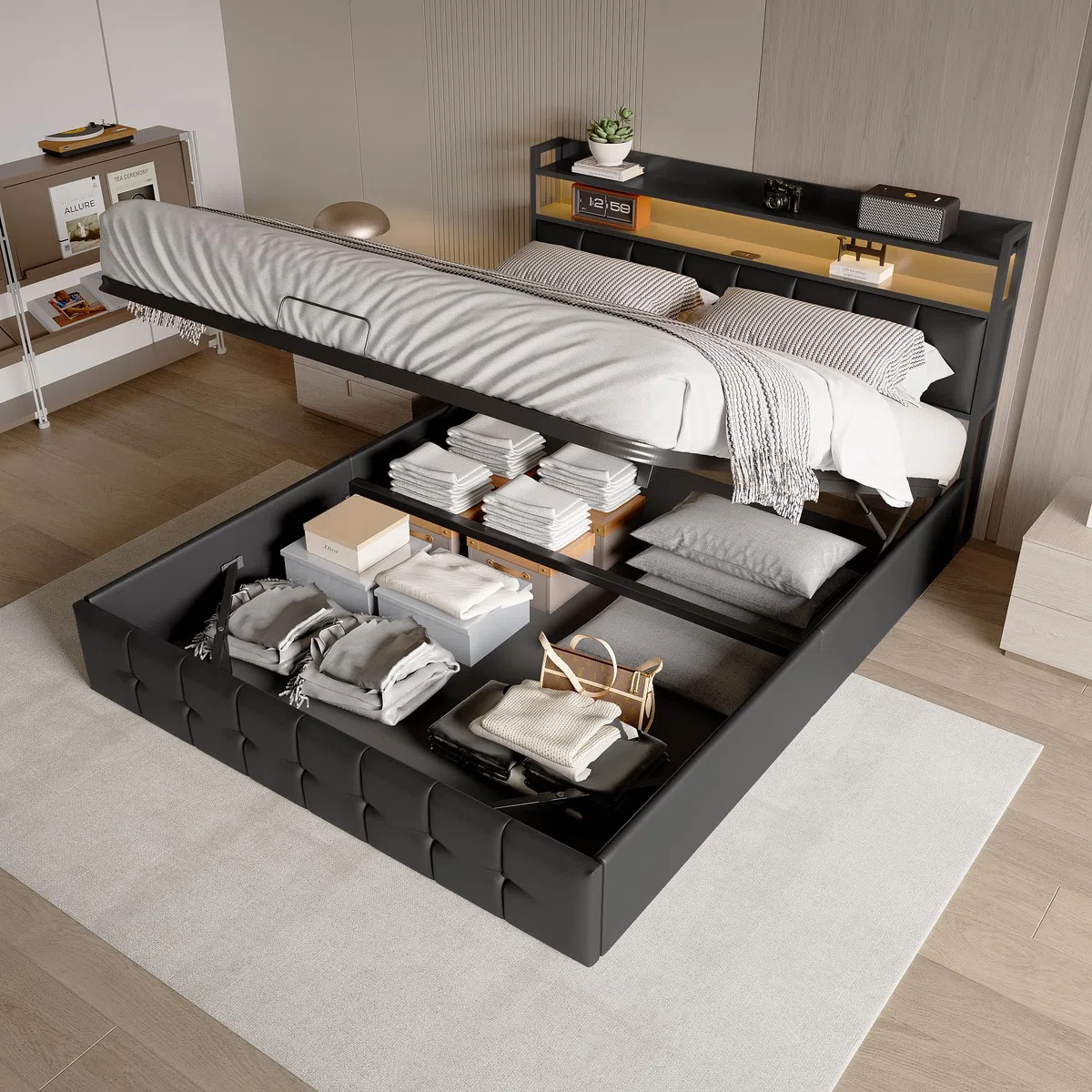 Letto matrimoniale con contenitore 160x200 con LED e USB, Letto imbottito 160x200 con contenitore idraulico, letto funzionale,Struttura letto con ripostiglio testiera e rete a doghe,PU