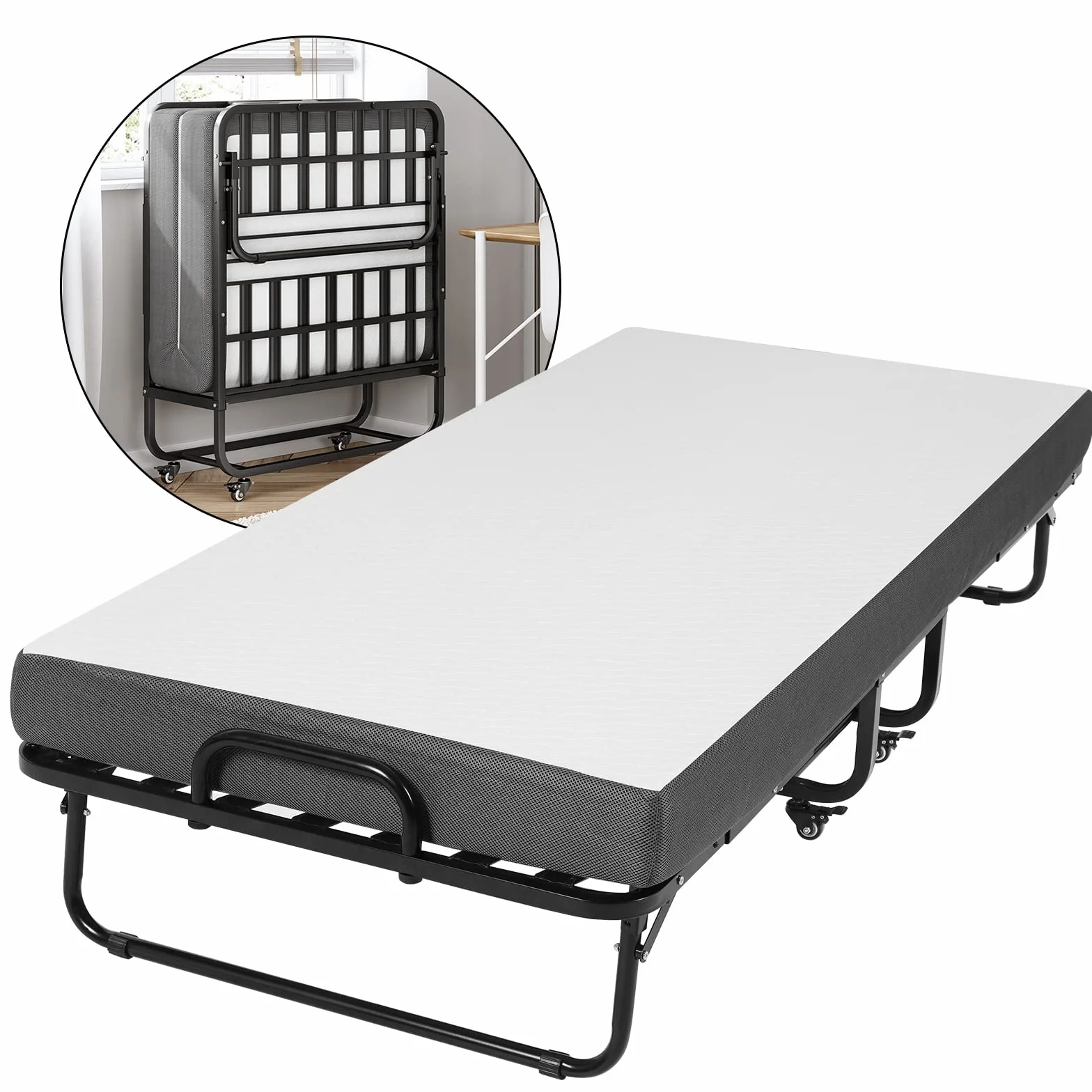 DICTAC Letto Pieghevole Singolo con Materasso 90x200 cm Brandine Letto Pieghevole per Adulti con 13 cm Materasso Memory Foam,Metallo letto richiudibile con Ruote,Fino a 200 kg,nero