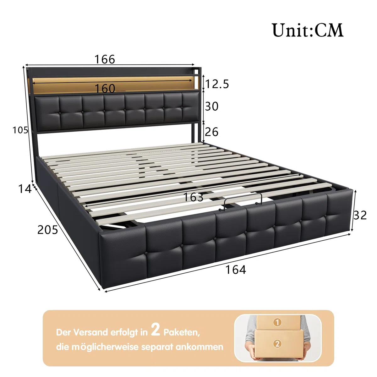 Letto matrimoniale con contenitore 160x200 con LED e USB, Letto imbottito 160x200 con contenitore idraulico, letto funzionale,Struttura letto con ripostiglio testiera e rete a doghe,PU
