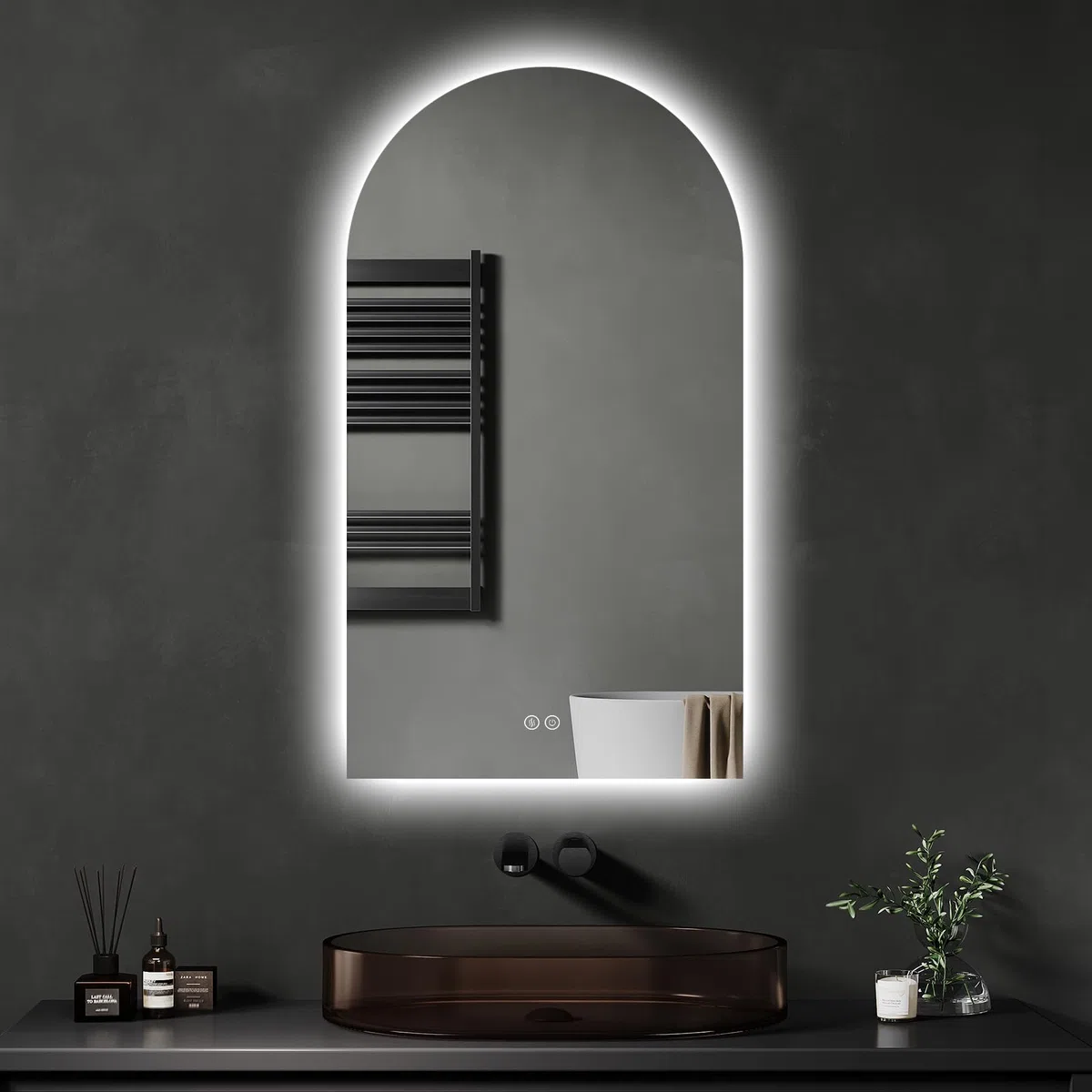 Specchio da bagno con illuminazione, 50 x 90 cm, specchio da bagno a LED curvo, con interruttore touch, dimmerabile, 3 colori di luce, per bagno