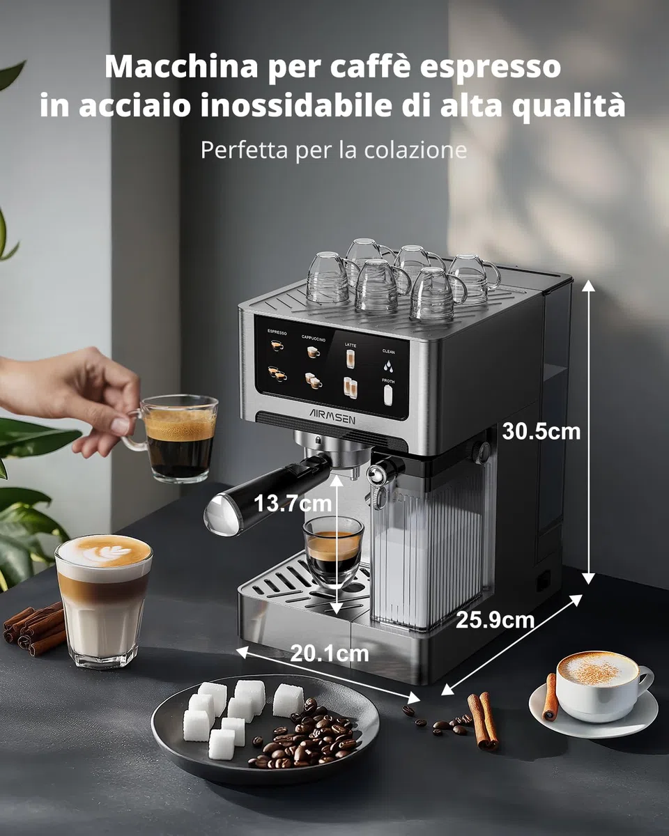 AIRMSEN 20 Bar Macchina Espresso per Casa con Frotheria Automatica, Cappuccino & Latte Caffè Macchina, Doppio Boiler Quick Estrazione (1350W+1000W), Acciaio Inox, Serbatoio d'Acqua 1.8L, Touchscreen