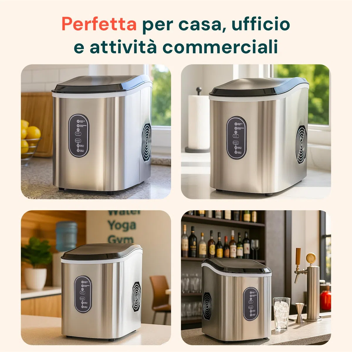 Wintem - Macchina Ghiaccio 15Kg/24h 105W in Acciaio Inox con Cubetti in 2 Misure per Bevande e Cocktail, Uso Domestico e Professionale, Rapida Produzione in 6 Minuti, Bassa Rumorosità