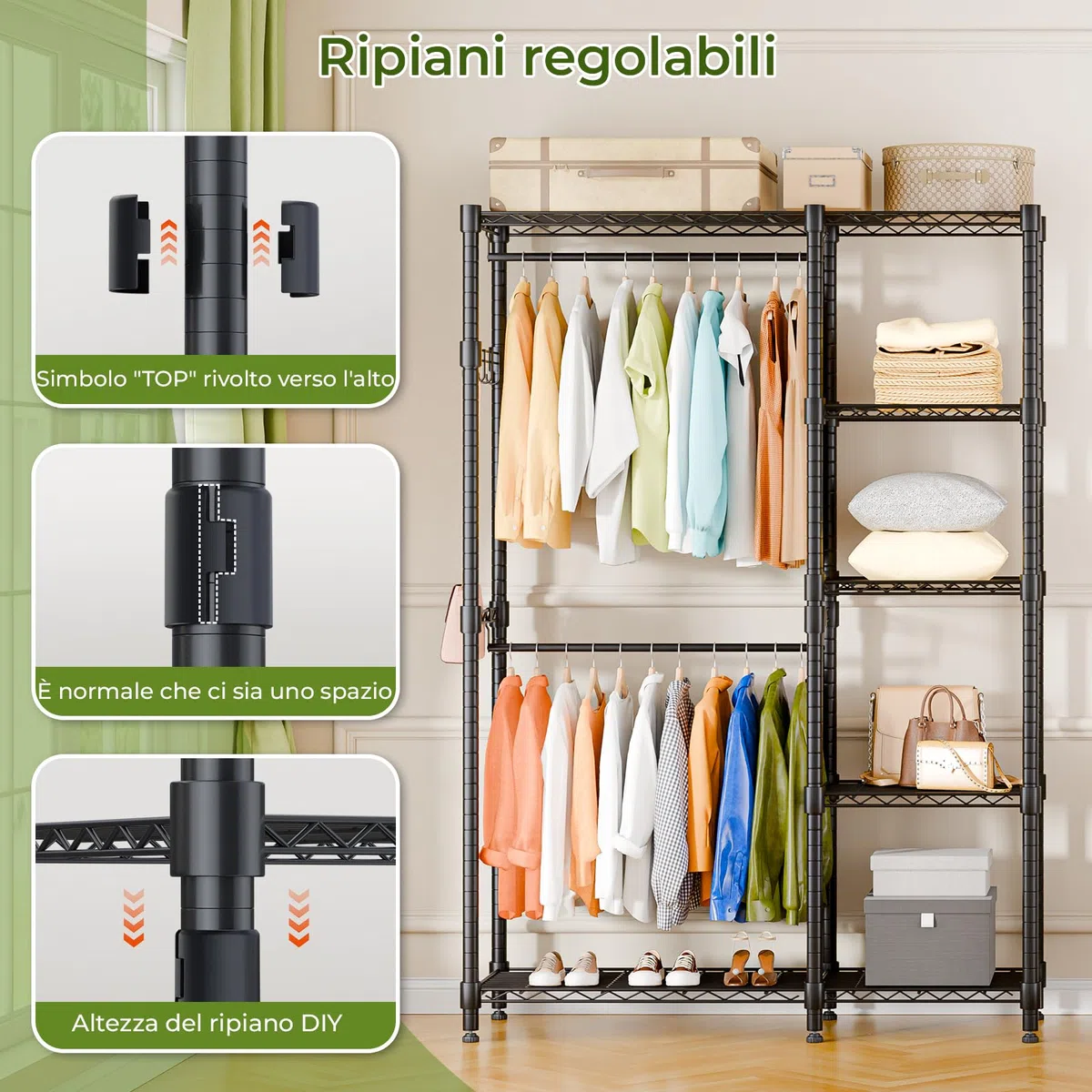 Himimi Appendiabiti stabile, aperto con doppio appendiabiti e 5 ripiani regolabili in altezza, in metallo, per camera da letto, corridoio, 114 x 44 x 195 cm, nero