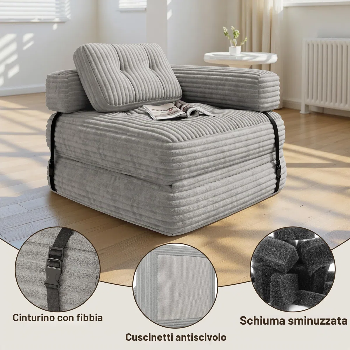 Xbro Divano Letto Pieghevole Singolo Compatto in Velluto a Coste con Poggiatesta a L, Poltrona Letto Salvaspazio per Soggiorno Ufficio Ospiti, 85x85-170x85 cm, Grigio Chiaro