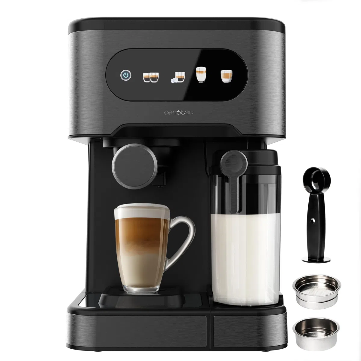 Cecotec Macchina Caffè Espresso Power Espresso 20 ColdBrew Latte+. 1350W, 20Bar, ColdBrew, Schermo Touch Color, Serbatoio Acqua 1.5L, 500ml Latte, Acciaio Scuro, Scaldatazze, Doppio Braccio