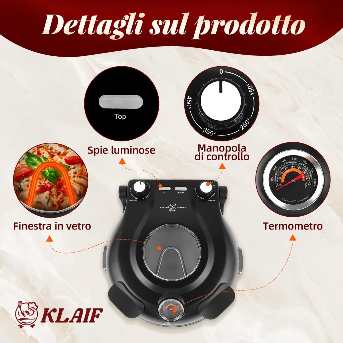 KLAIF Forno elettrico per pizza da banco con pietra in ceramica da 31 cm, due controlli di temperatura regolabili, inclusi 4 utensili per pizza, LMC-Nero