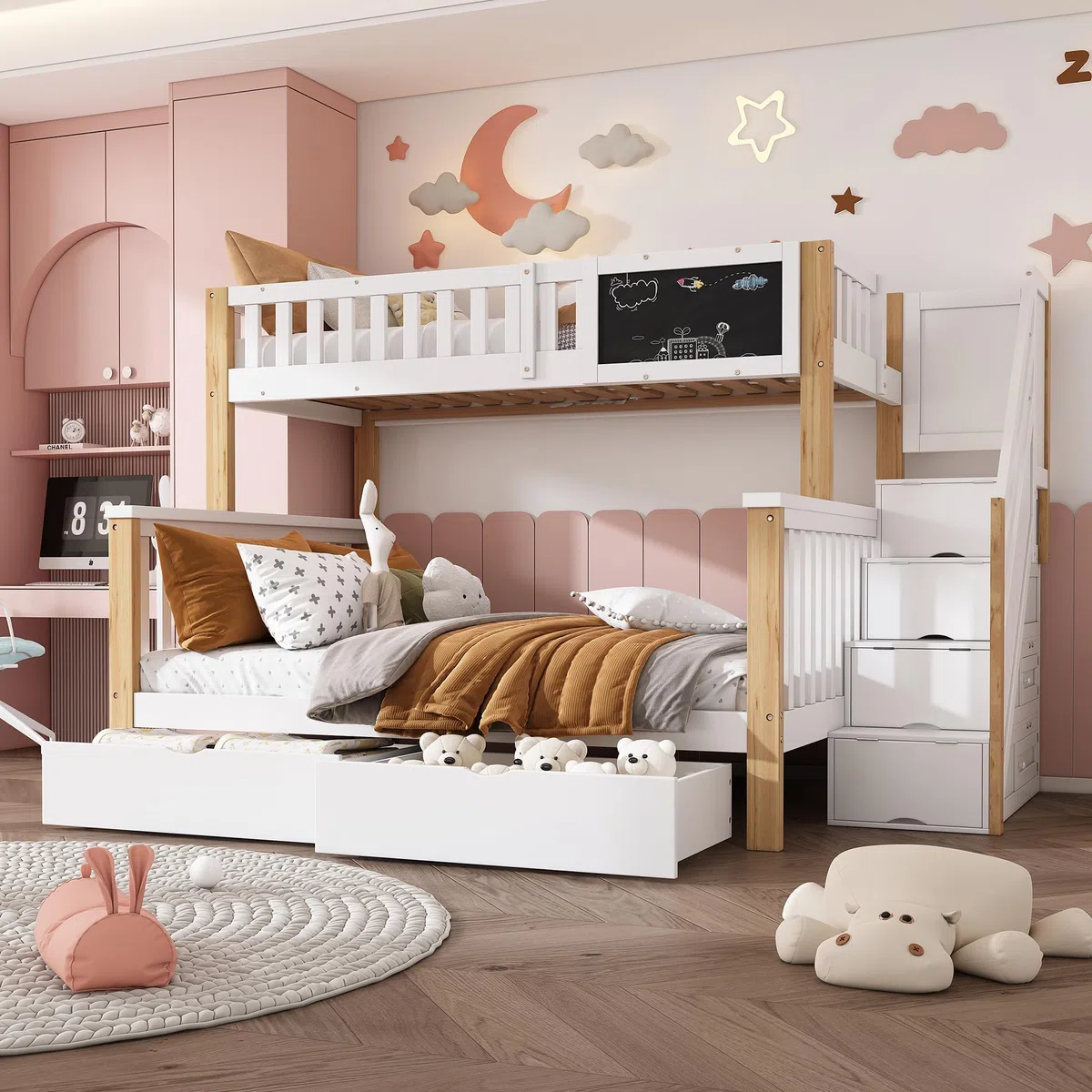 Moimhear Letto a castello per bambini, letto matrimoniale, 90 x 200 cm+140 x 200 cm, letto infantile multifunzionale, con lavagna e cassetti, senza materasso (colore bianco e legno)