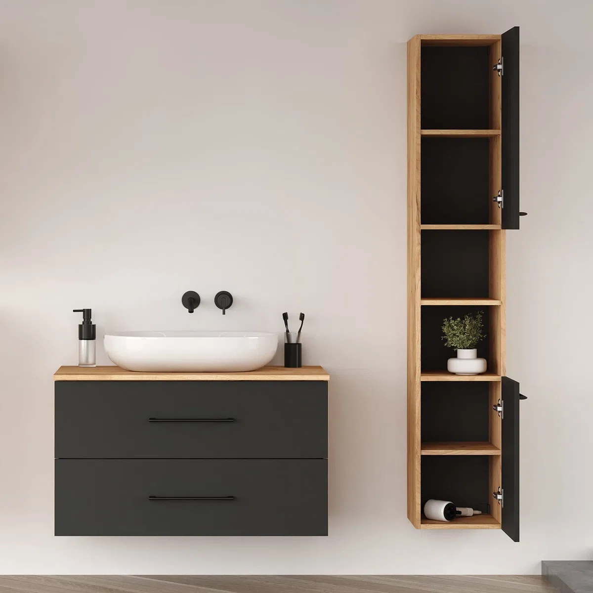 Planetmöbel set di mobili da bagno LUX 90 cm rovere oro/antracite SENZA lavabo con colonna rovere oro/antracite