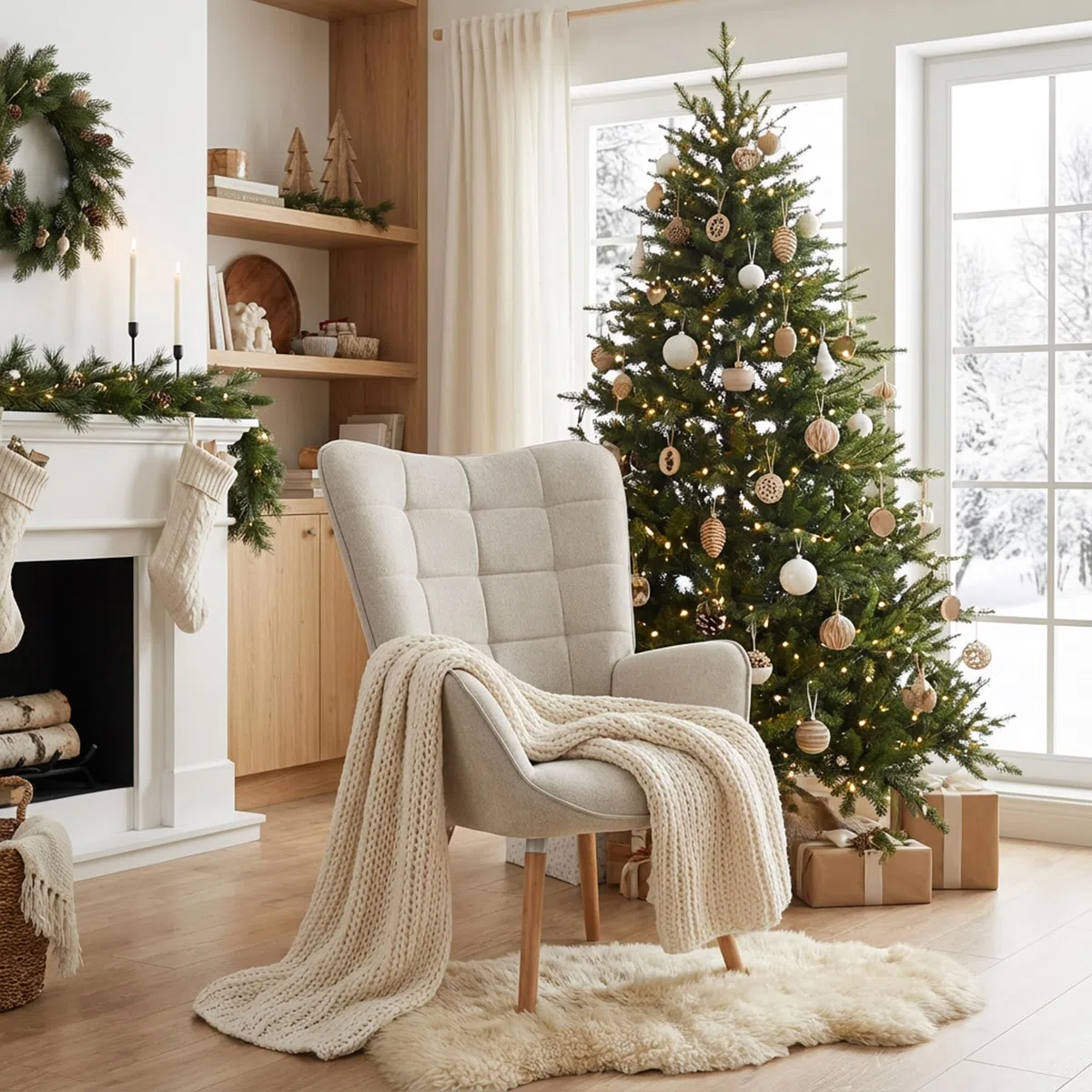 MEUBLE COSY Poltrona Imbottita Scandinavia Sedia da Salotto con Braccioli Poltroncina Relax in Tessuto con Schienale Alto Gambe in Legno per Camera da Letto Soggiorno, Beige, 66x64x106cm