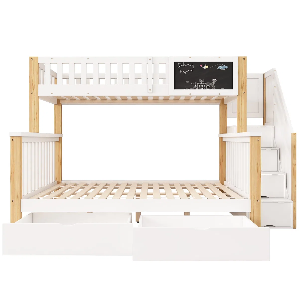 Moimhear Letto a castello per bambini, letto matrimoniale, 90 x 200 cm+140 x 200 cm, letto infantile multifunzionale, con lavagna e cassetti, senza materasso (colore bianco e legno)