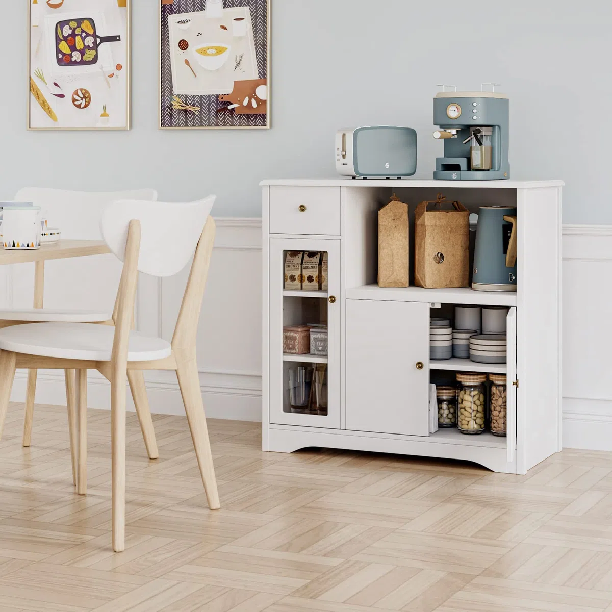 HOCSOK Credenza Microonde Cucina, Credenza Soggiorno Moderno, Armadietto da Terra con 3 Ante, adatto per Cucina, Soggiorno, Bianco, 90x40x82cm