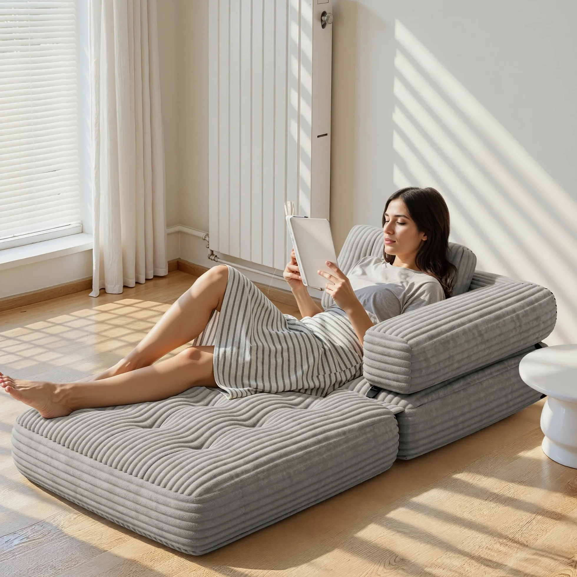 Xbro Divano Letto Pieghevole Singolo Compatto in Velluto a Coste con Poggiatesta a L, Poltrona Letto Salvaspazio per Soggiorno Ufficio Ospiti, 85x85-170x85 cm, Grigio Chiaro