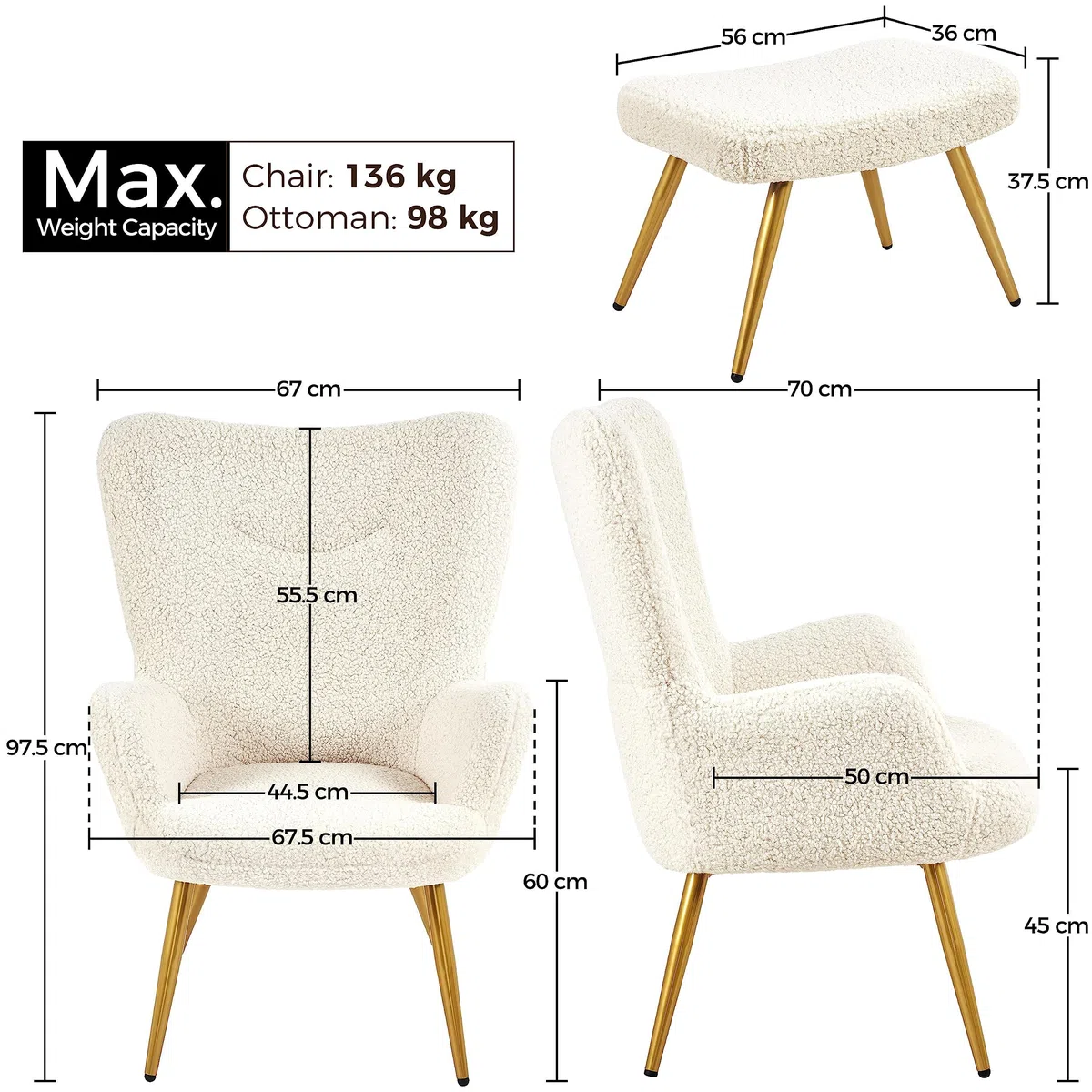 Yaheetech Set Poltrona da Salotto con Pouf Poggiapiedi in Tessuto Bouclé e Metallo Imbottita con Schienale Braccioli per Lettura/Camera da Letto/caffè/Studio Avorio