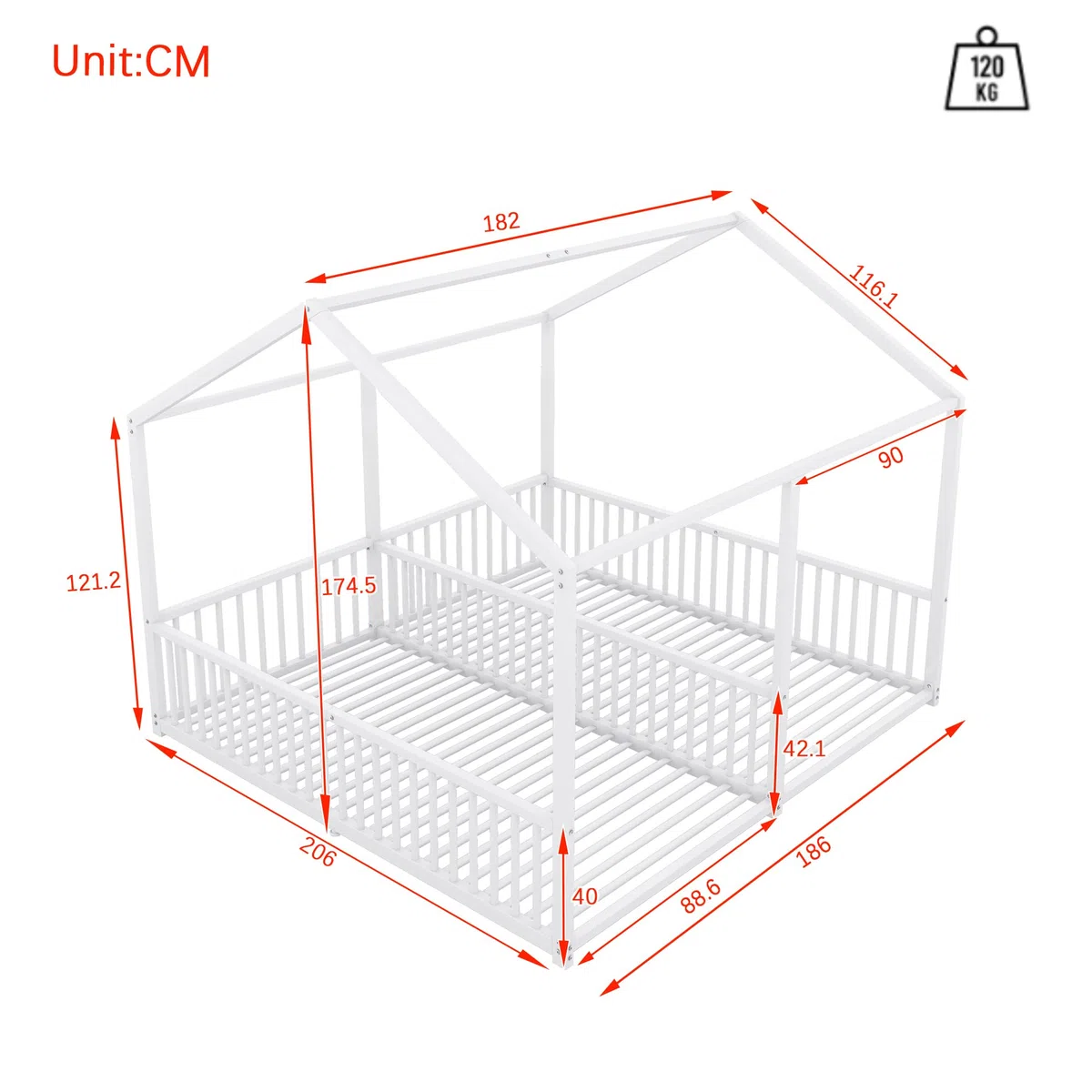 Letto per bambini 90 x 200 cm Due letti da 90 cm con protezione anticaduta, Letto a casa Letto a pavimento Letto gemellare con design a forma di casa, Letto per bambini Telaio in ferro