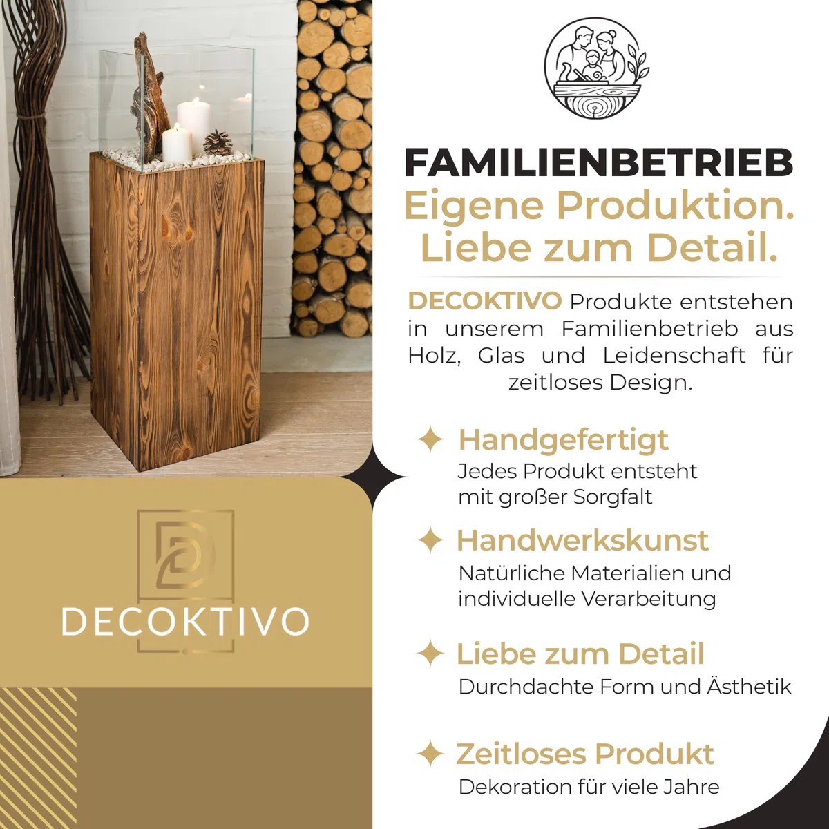 Colonna portacandela in legno e vetro, lanterna decorativa da pavimento, portacandela design per soggiorno, balcone e terrazza, finitura noce, altezza 80 cm