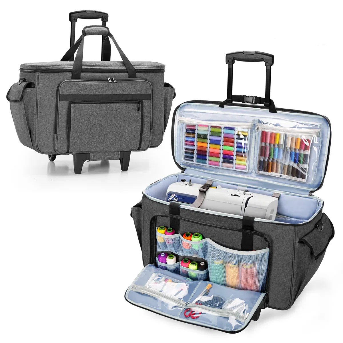 CURMIO Borsa da Trasporto per Macchine da Cucire per Ricamo con Ruote e Pannello di Supporto Inferiore, Adatto per i Corsi di Cucito, per la Conservazione in Casa, Grigio