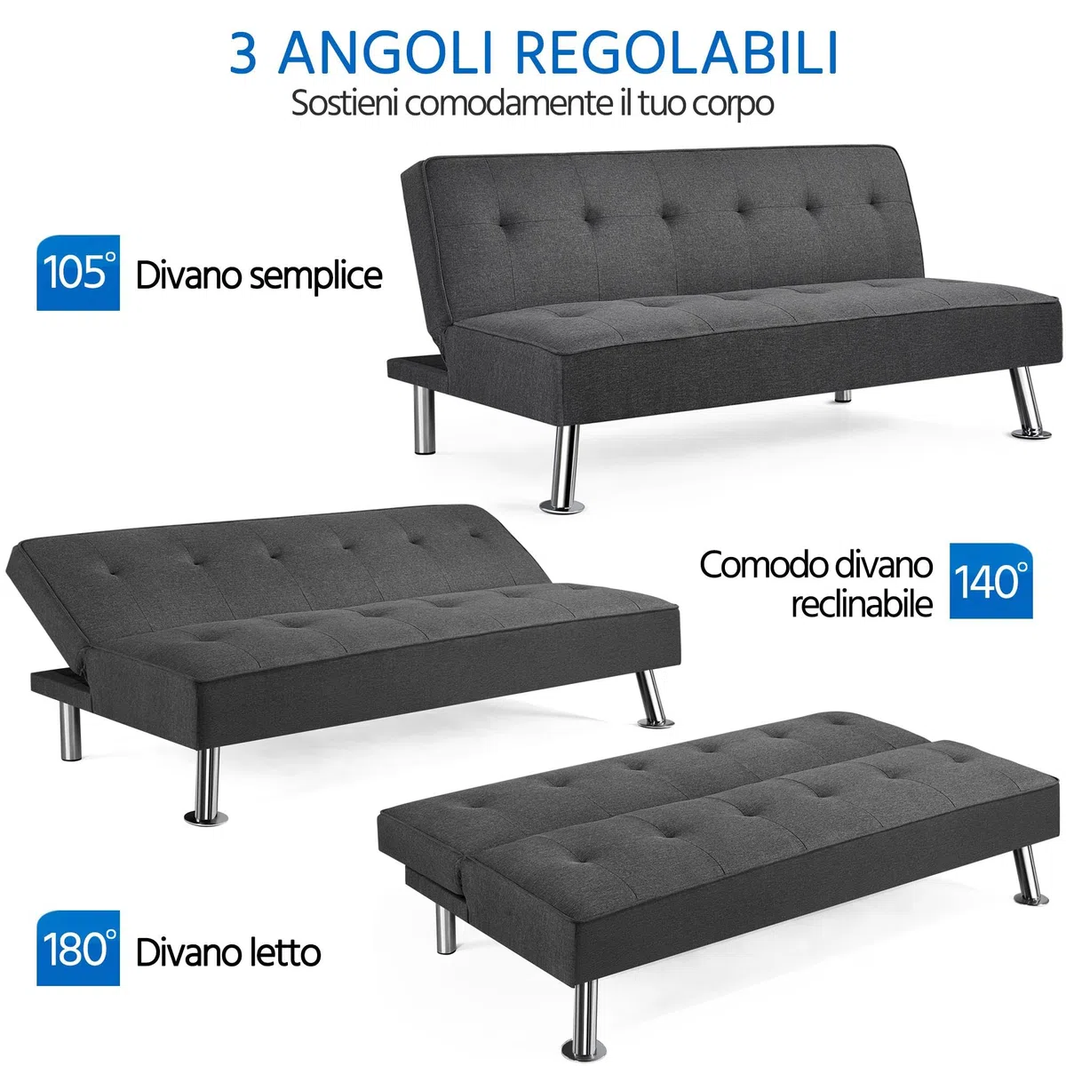 Yaheetech Divano Letto Divano Trasformabile in Letto Mobile Imbottito a 3 Posti Divanetto Reclinabile con Gambe in Metallo da Salotto Camera degli Ospiti Grigio Scuro