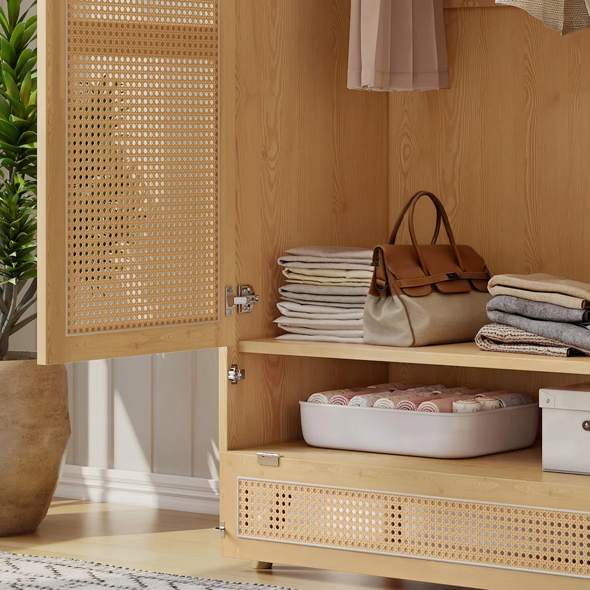 Armadio con asta, armadio a 2 ante, camera da letto, rete in rattan, soggiorno, con coperchio inferiore a ribalta, truciolato+rattan PE, naturale
