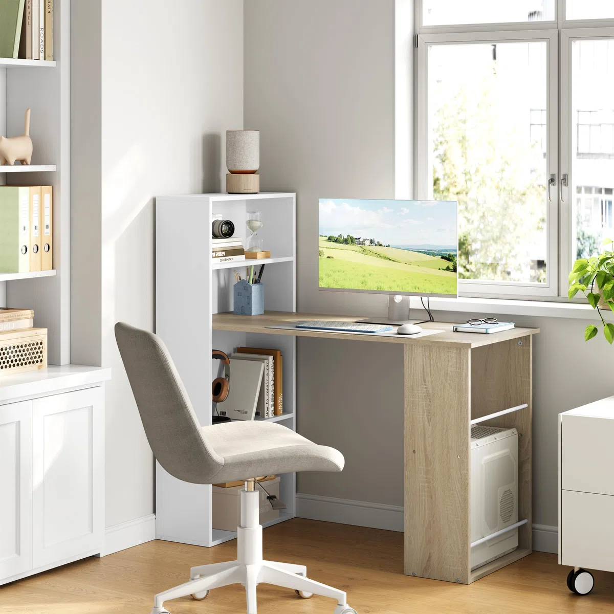eSituro Scrivania Ufficio Compatta con Libreria Integrata - Design Salvaspazio per Studio/Camera, 120x55x122 cm, Bianco Lucido e Rovere Naturale