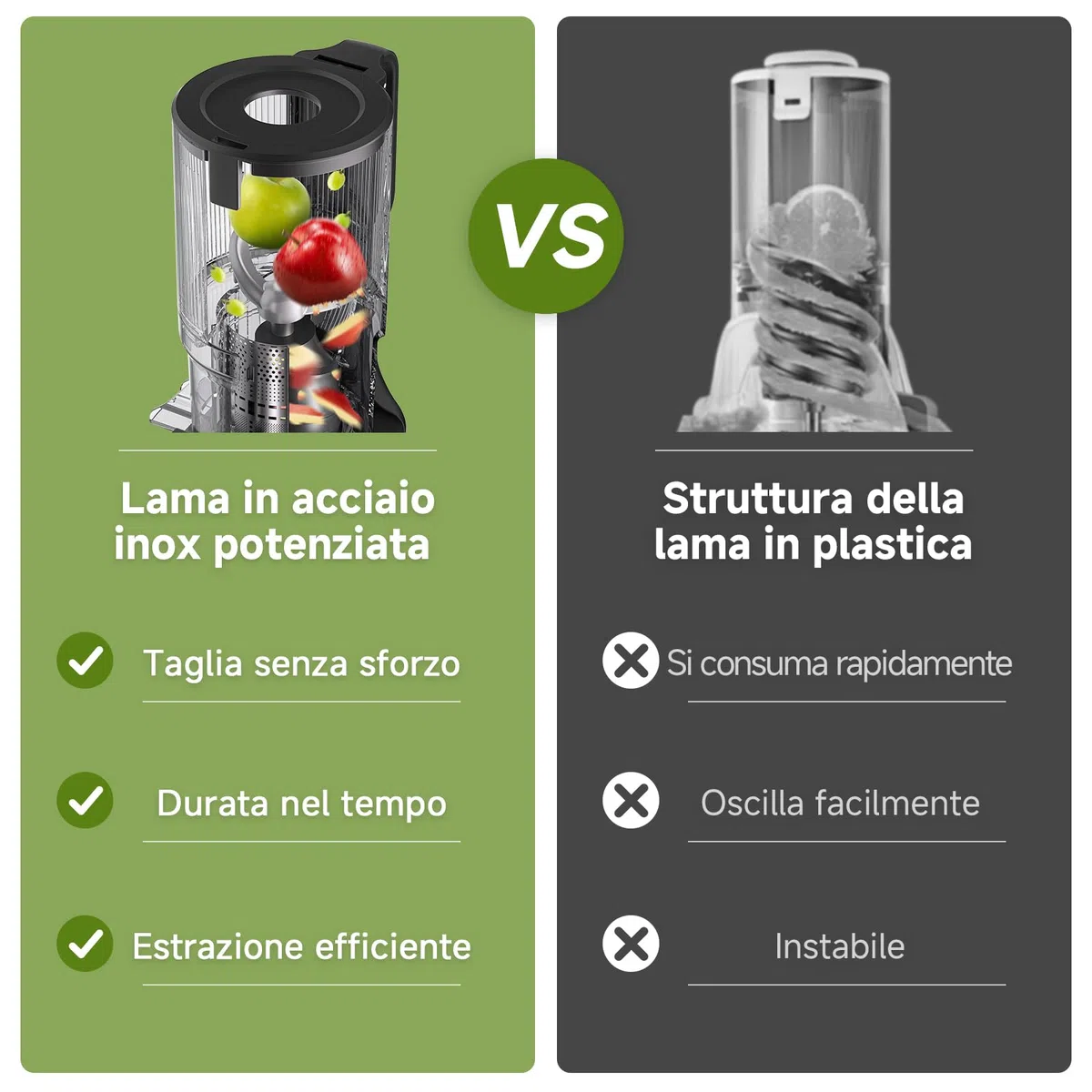 AMZCHEF Spremiagrumi – Slow Juicer con larghezza 135 mm e tubo di alimentazione più grande per verdure e frutta intere – Spremiagrumi facile da pulire con 2 bicchieri, argento