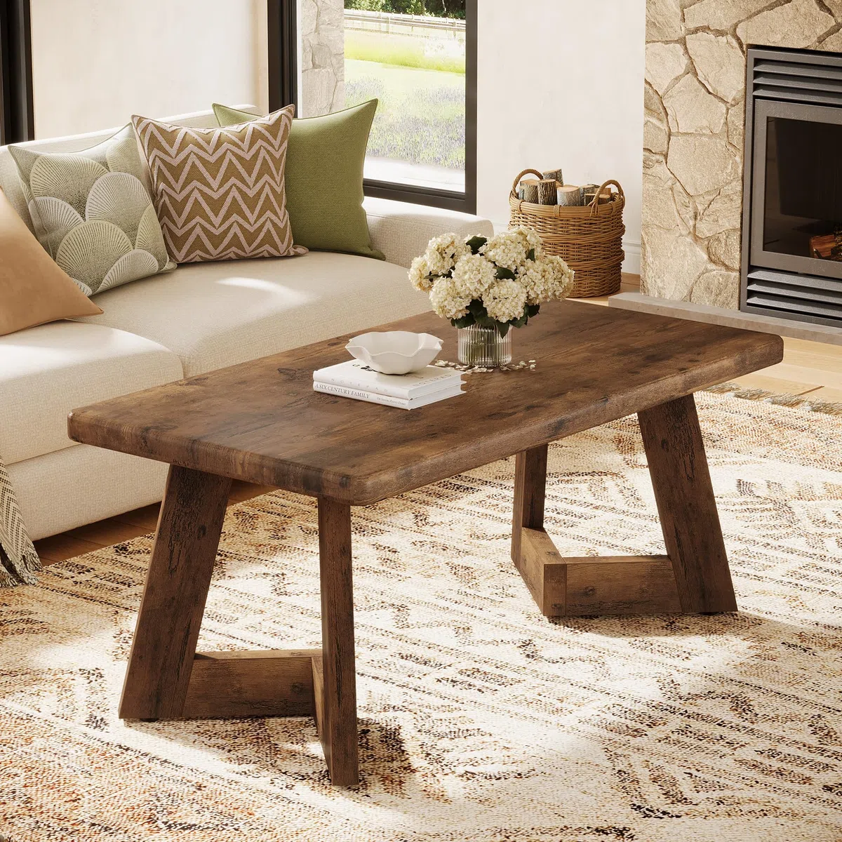 Tribesigns Tavolino da Salotto, Tavolino da Caffè in Stile Country con Gambe a V, 120 x 60 cm Tavolo da Divano Rettangolare per Soggiorno, Facile da Montare, Marrone Rustico