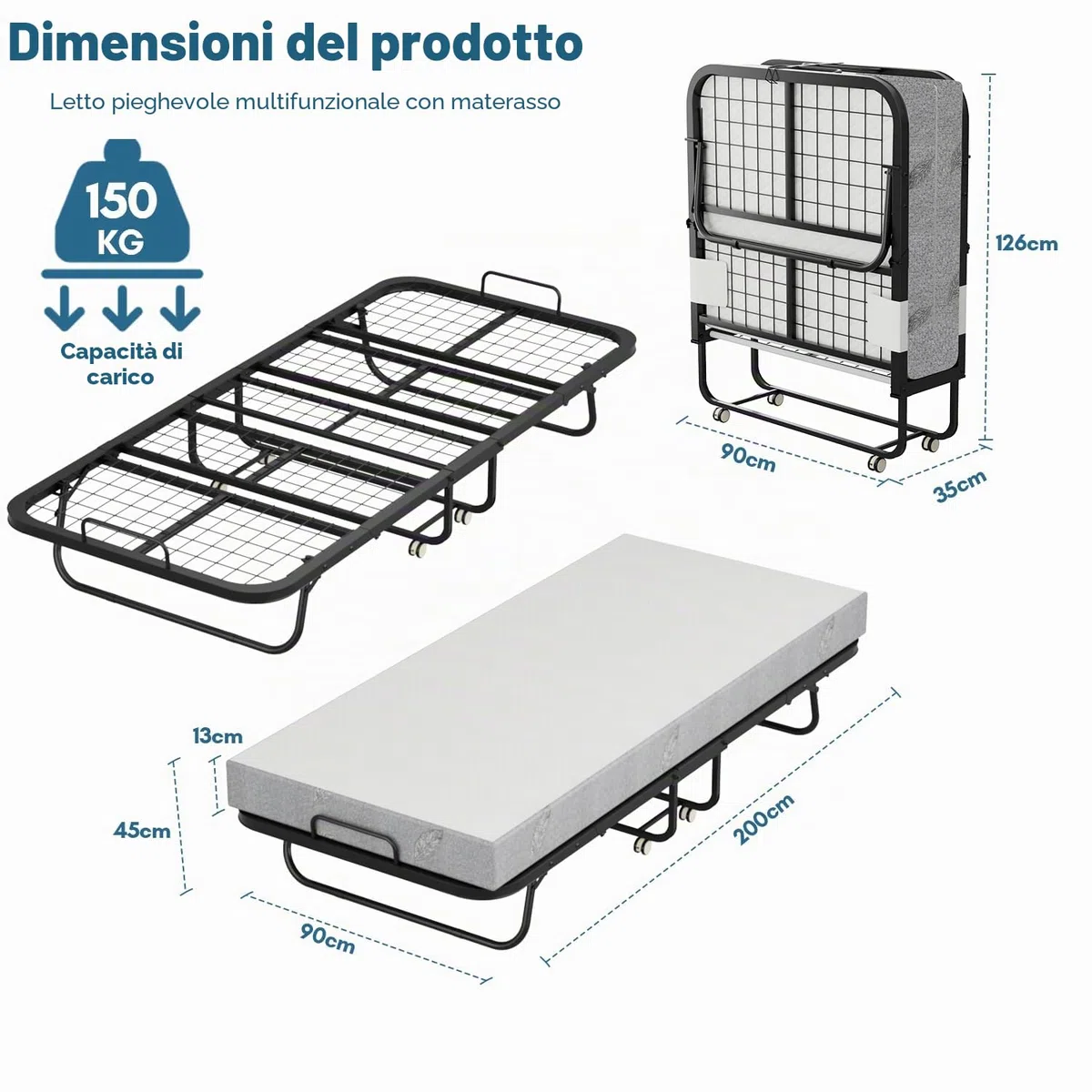 Daromigo Letto supplementare 90 x 200 cm, pieghevole, materasso 13 cm, letto singolo, metallo, 4 ruote, 150 kg, camera da letto, soggiorno