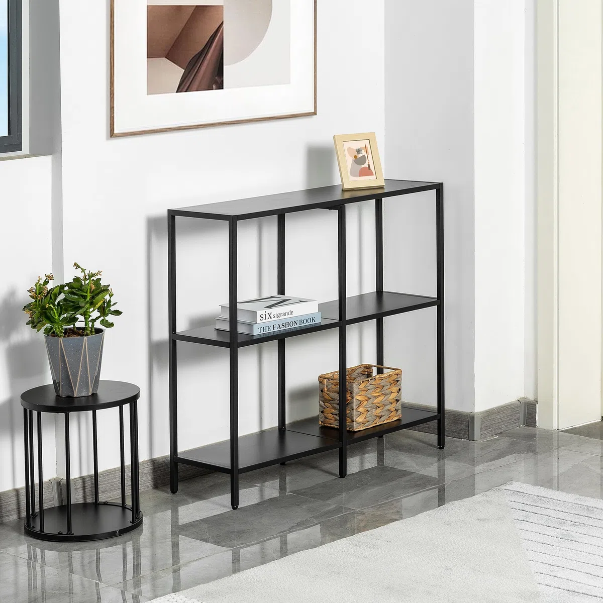HDANI 80cm Tavolo Consolle in Metallo con 3 Ripiani di Stoccaggio,Piccolo Tavolo da Divano, Tavolo Consolle Stretto,Stile Moderno,Adatto per ingresso Tavolo Soggiorno,Camera da Letto, Nero