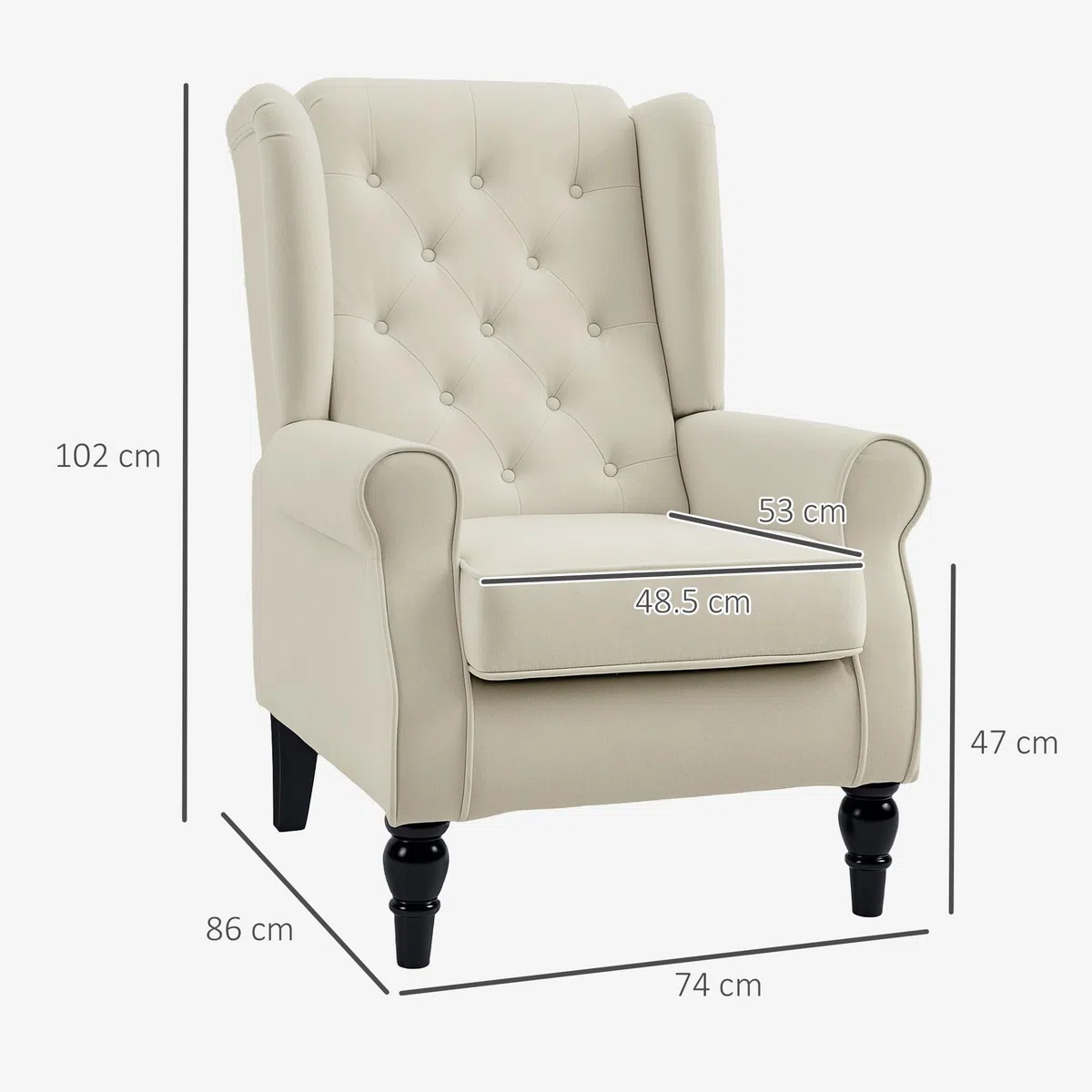 HOMCOM Poltrona per Salotto in Stile Francese con Ampia Seduta, Poltroncina in Tessuto con Gambe in Legno e Cuscino, 74x86x102 cm, Bianco