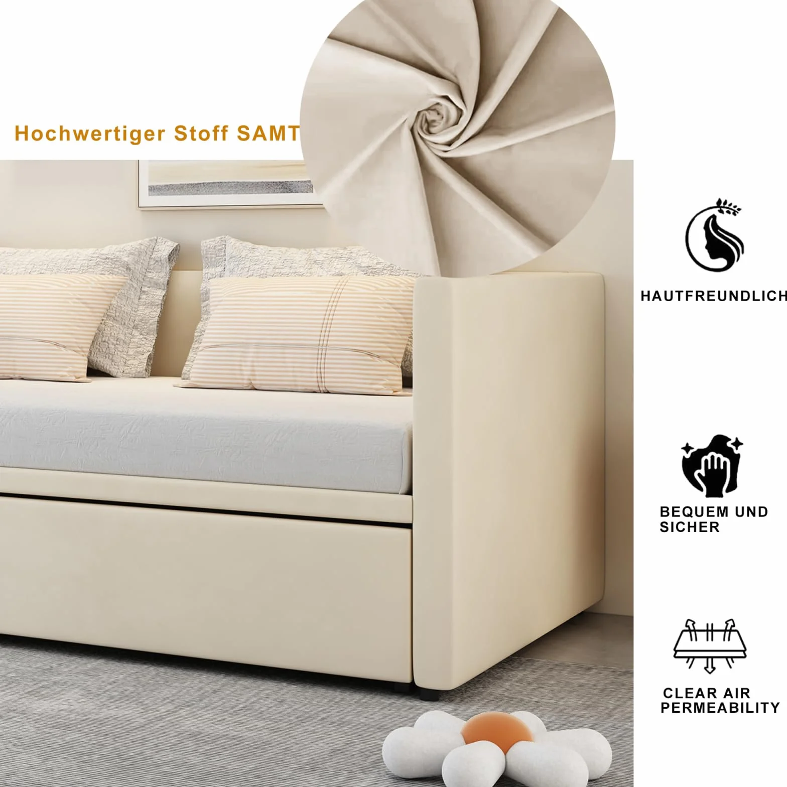 KeepGoon Divano Letto Estensibile 90/180x200 cm, Letto Singolo con Letto Estraibile, Struttura Salvaspazio con Rete a Doghe, Tessuto in Velluto Beige, Senza Materasso