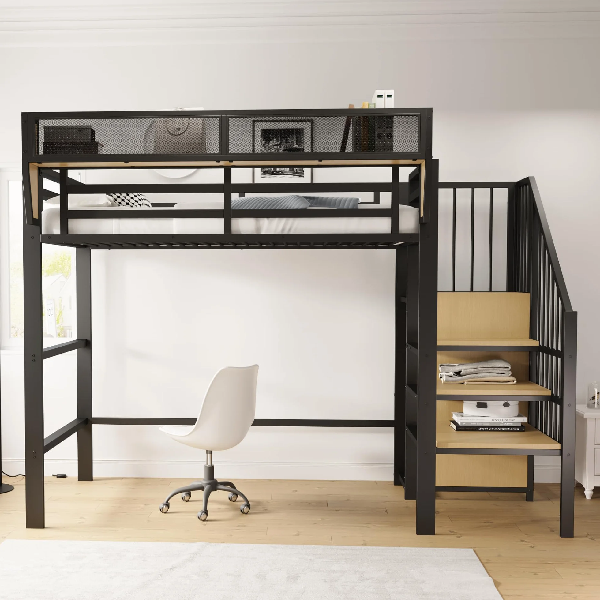 Moimhear Letto a soppalco, con scala di sicurezza e vano flessibile, letto in metallo per adulti e bambini (Nero, 90x200cm)