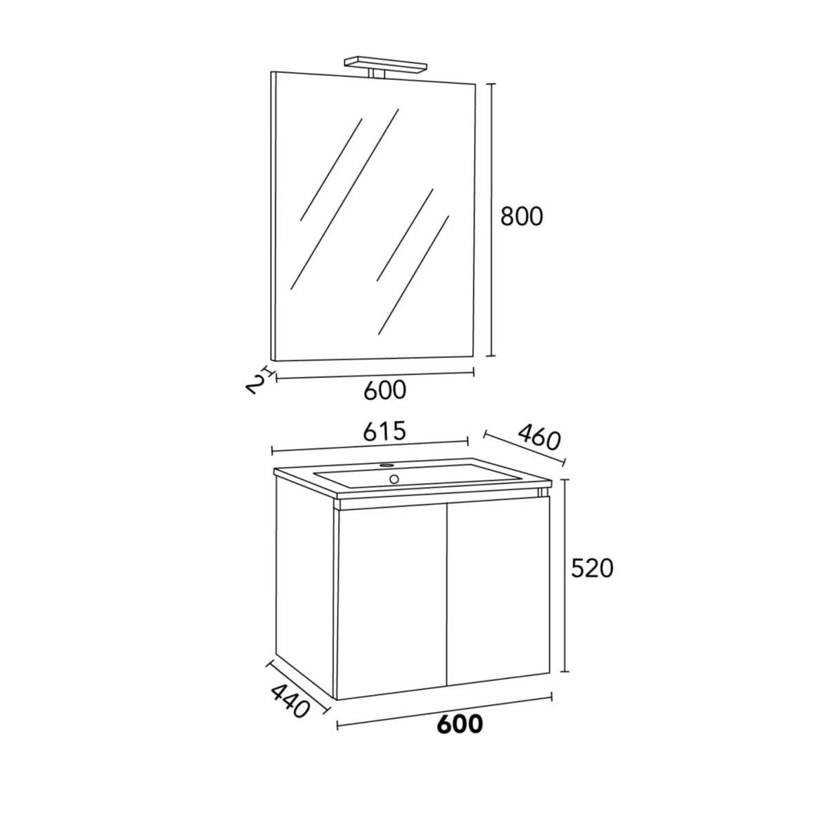 Kiamami Valentina - Mobile Bagno Sospeso 60 cm Bianco Lucido con Top Rovere Naturale, Specchio con Luce, 2 Ante, Set Completo