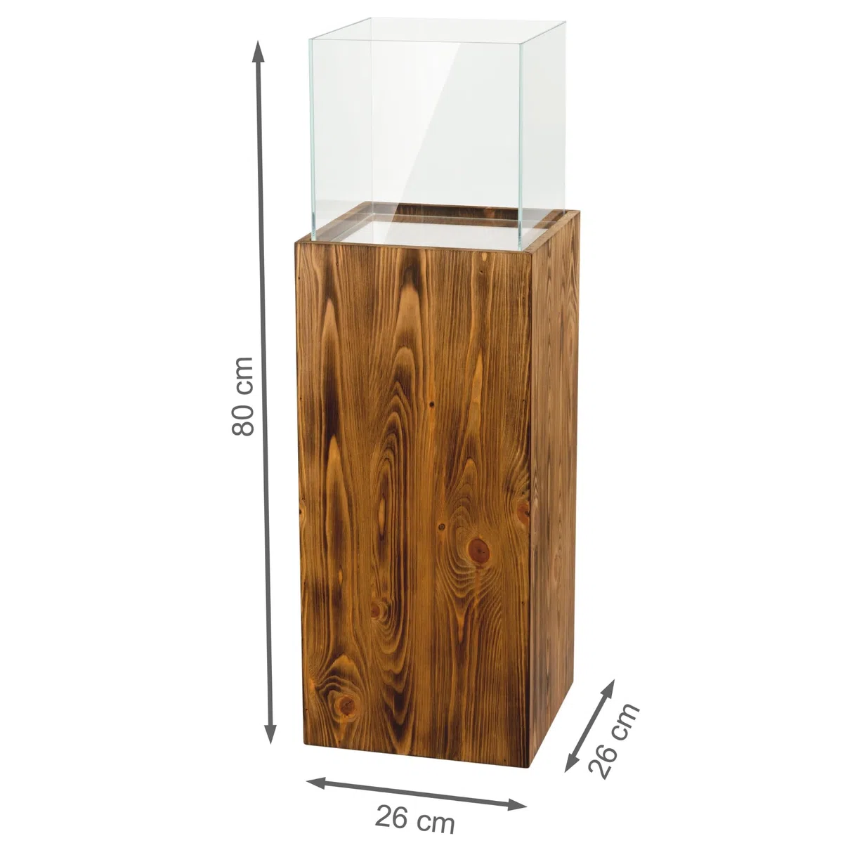 Colonna portacandela in legno e vetro, lanterna decorativa da pavimento, portacandela design per soggiorno, balcone e terrazza, finitura noce, altezza 80 cm