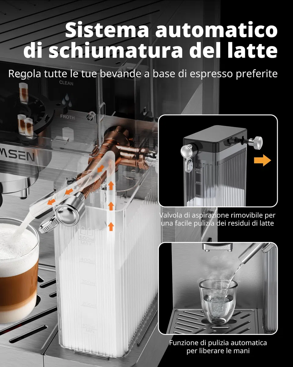 AIRMSEN 20 Bar Macchina Espresso per Casa con Frotheria Automatica, Cappuccino & Latte Caffè Macchina, Doppio Boiler Quick Estrazione (1350W+1000W), Acciaio Inox, Serbatoio d'Acqua 1.8L, Touchscreen