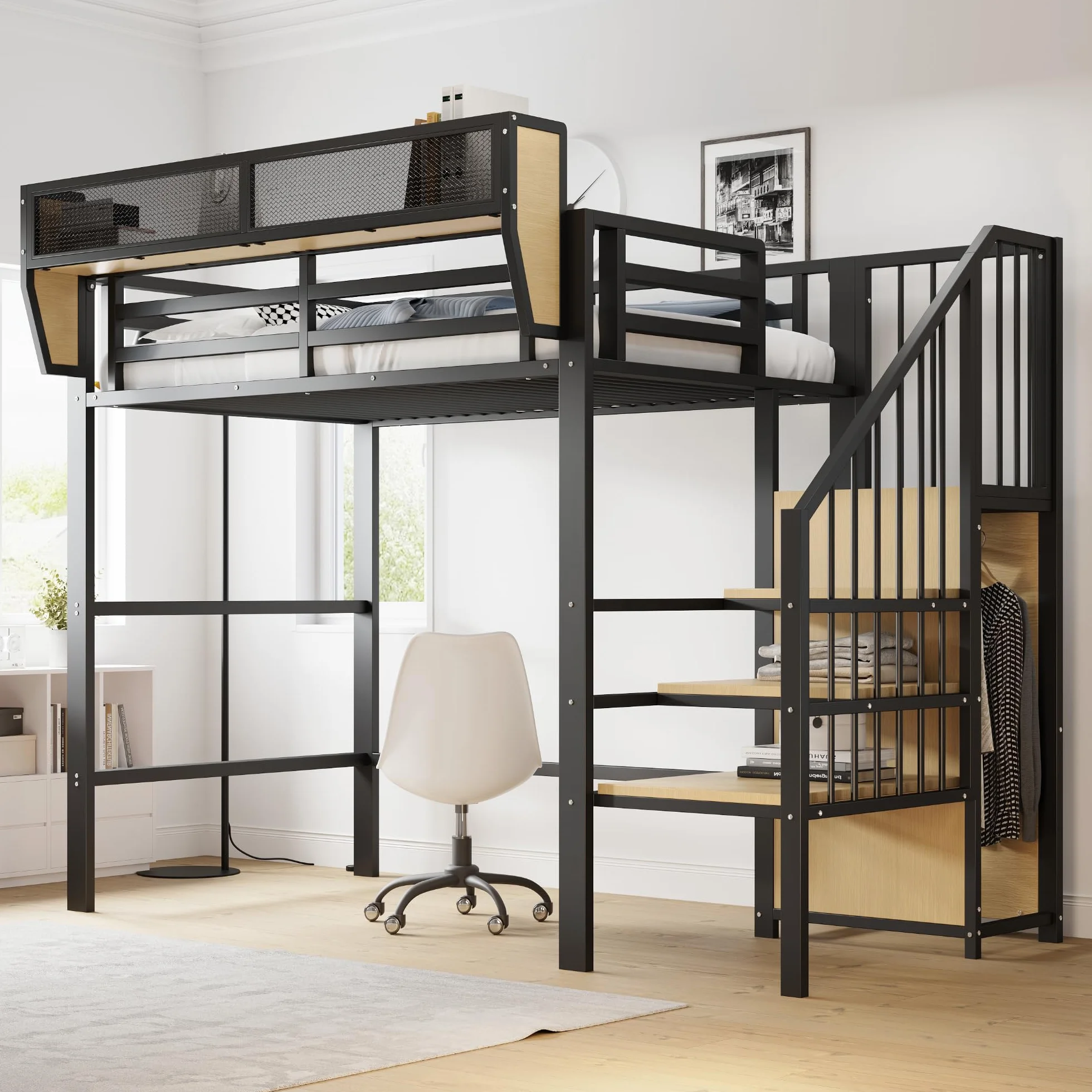 Moimhear Letto a soppalco, con scala di sicurezza e vano flessibile, letto in metallo per adulti e bambini (Nero, 90x200cm)