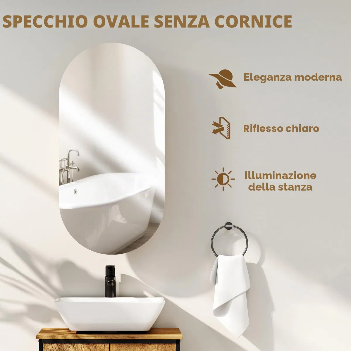 HOMCOM Mobile da parete per bagno con specchio ovale, 45 x 90 cm, mobili da bagno moderni, design senza cornice, specchio con contenitore, legno naturale