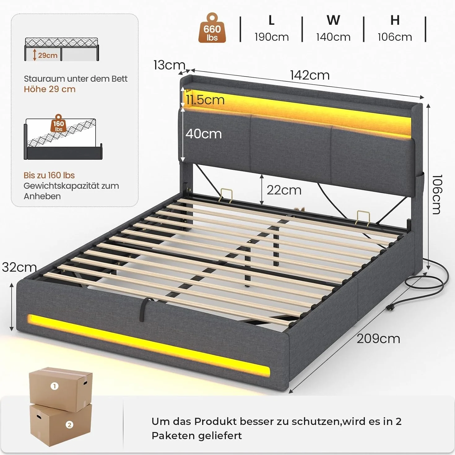 AGOLLATI Letto Contenitore Matrimoniale, Letto 140x190 cm con Illuminazione LED e Stazione di Ricarica, Letto Matrimoniale con Sollevamento Idraulico, Testiera Imbottita con Contenitore, Grigio Scuro