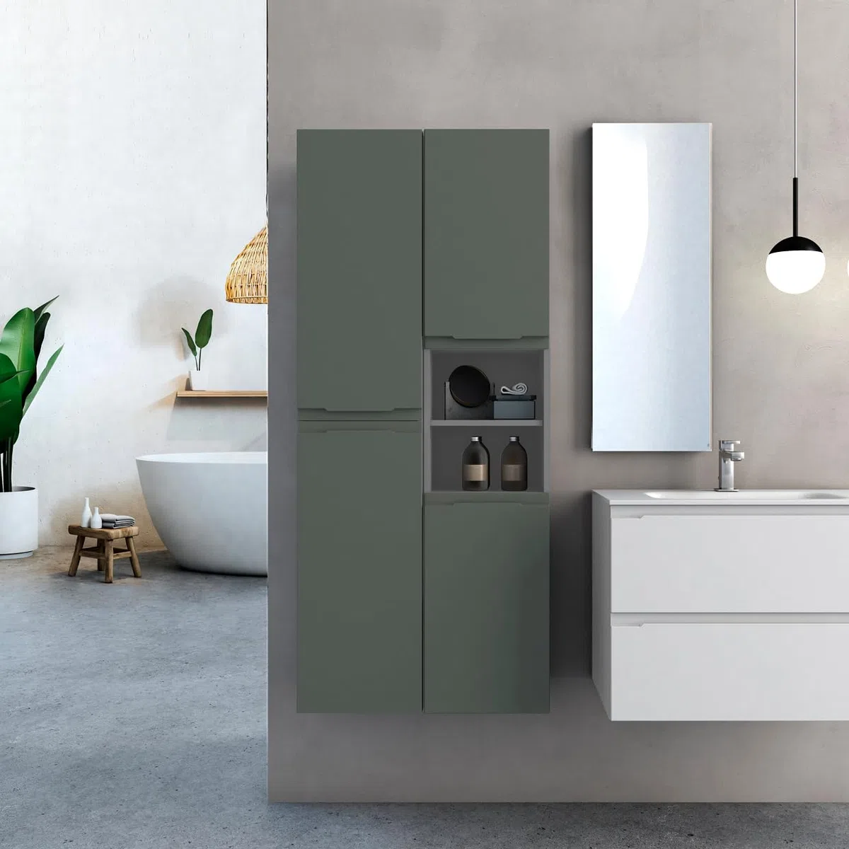 Diventa Modello Diva Star, Colonna Bagno sospesa con 2 ante e 4 ripiani spaziosi, colore verde e grigio