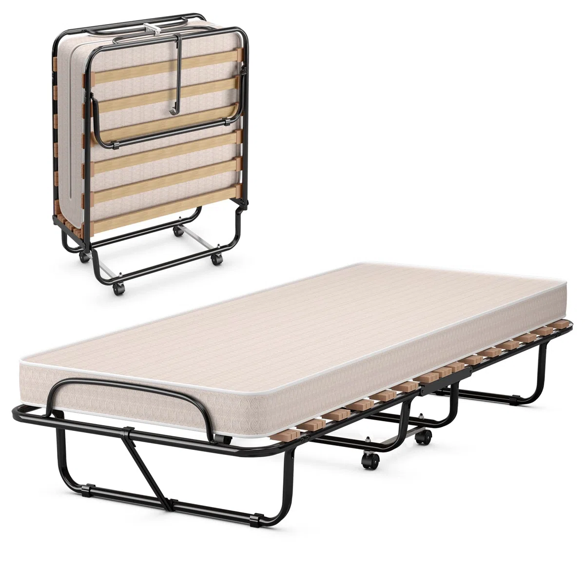 GIANTEX Letto Pieghevole, Singolo con 4 Ruote, 4 Gambe in Mettallo, Fibbia Fissata, 80 x 190 cm, Materasso di 10 cm, Ideale per Viaggio e di Riserva