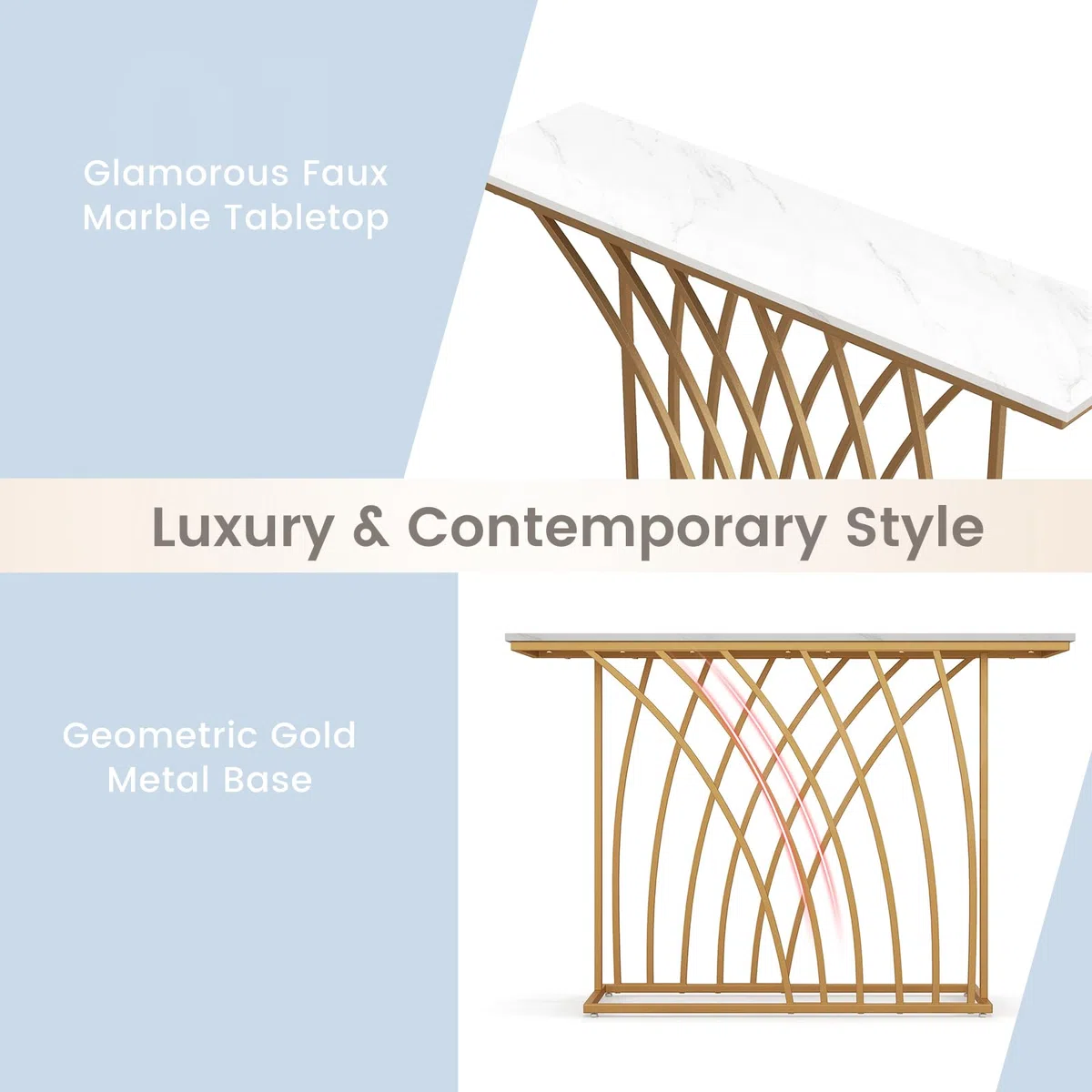 LIFEZEAL Tavolo Console Moderno, Effetto Marmo, Tavolo d’Ingresso, Telaio in Metallo, Piedini Regolabili, Salvaspazio, Corridoio, Soggiorno, Entrata, Max 20kg, 120x30x80cm, Oro