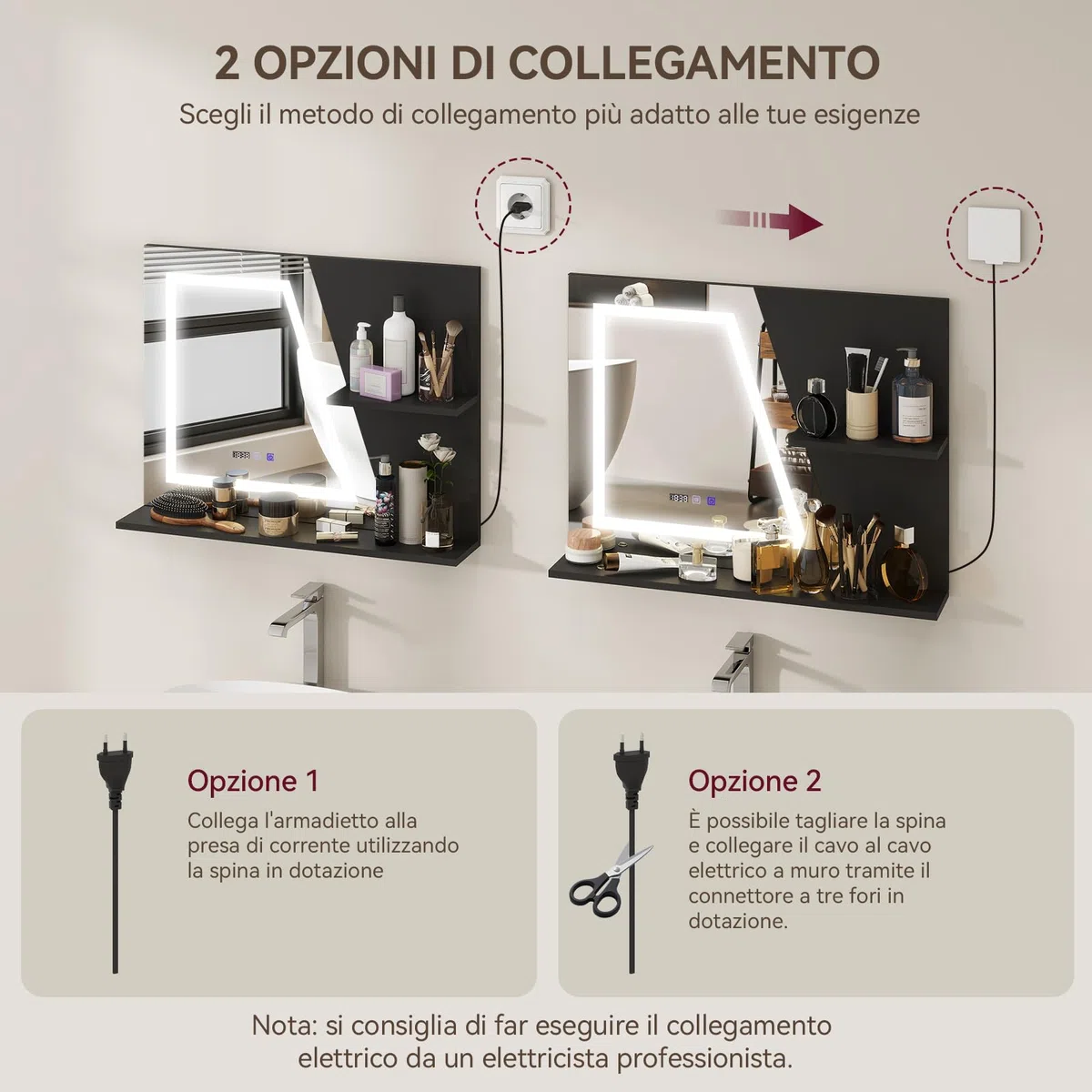 YU YUSING Specchio Bagno LED 80x60 cm con 2 Ripiani, Specchio da Parete con Led, 3 Colori, Luce Regolabili, Contro Touch, Display dell'Ora e Temperatura, Antiappannamento, IP44, Moderno, Nero