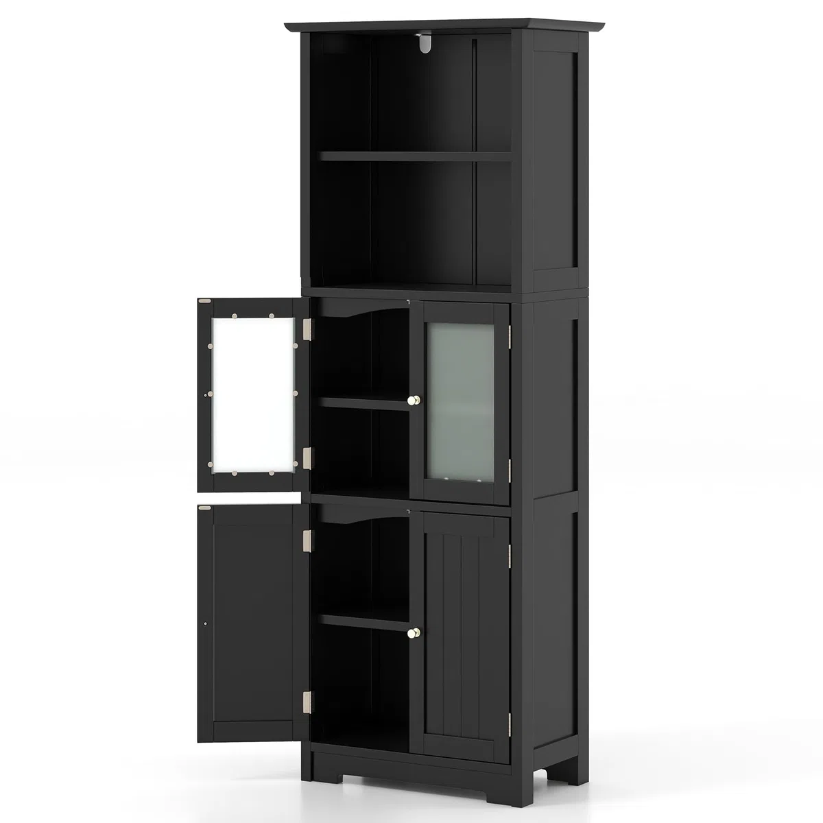 LIFEZEAL Mobiletto Alto da Bagno Salvaspazio, Mobiletto Multiuso in Legno, 60x30x163cm, Mobile Bagno con 2 Ante in Vetro, Armadietto da Terra con Ripiani Regolabile per Cucina e Soggiorno (nero)