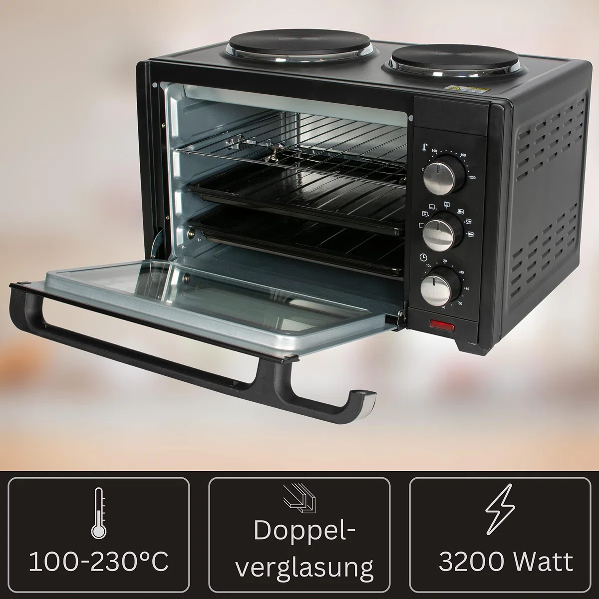 Zilan Mini Forno 28 litri | Forno 3 in 1 | Forno per pizza | Riscaldatore superiore/inferiore | Rosticceria | Timer 60 min | 3200 W