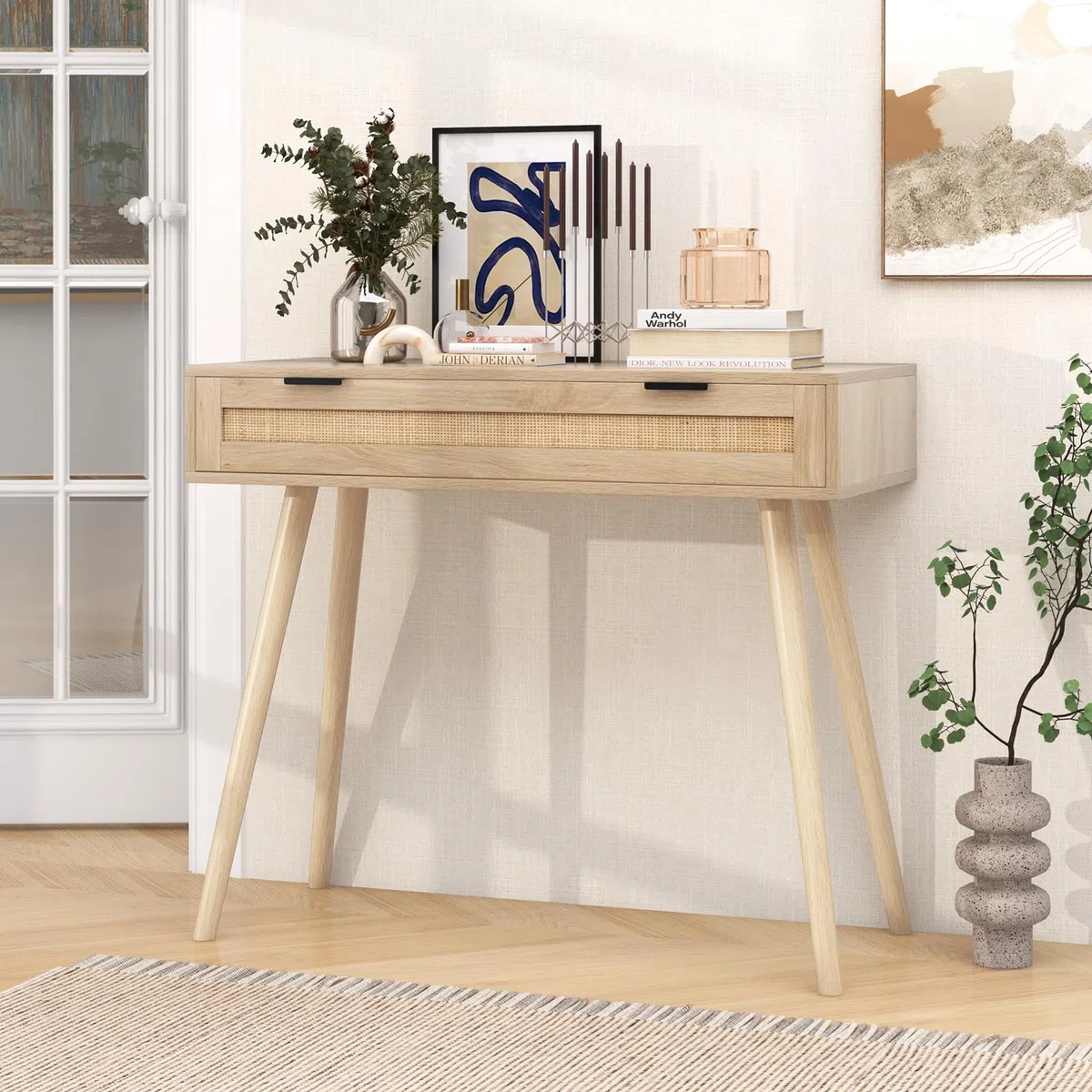 LIFEZEAL Tavolo Consolle con 1 Cassetto, Console in Legno, Mobile Ingresso, con Gambe in Legno Massello, Moderno, Salvaspazio, per Soggiorno, Corridoio, Max 80 kg, 88x40x77 cm, Naturale