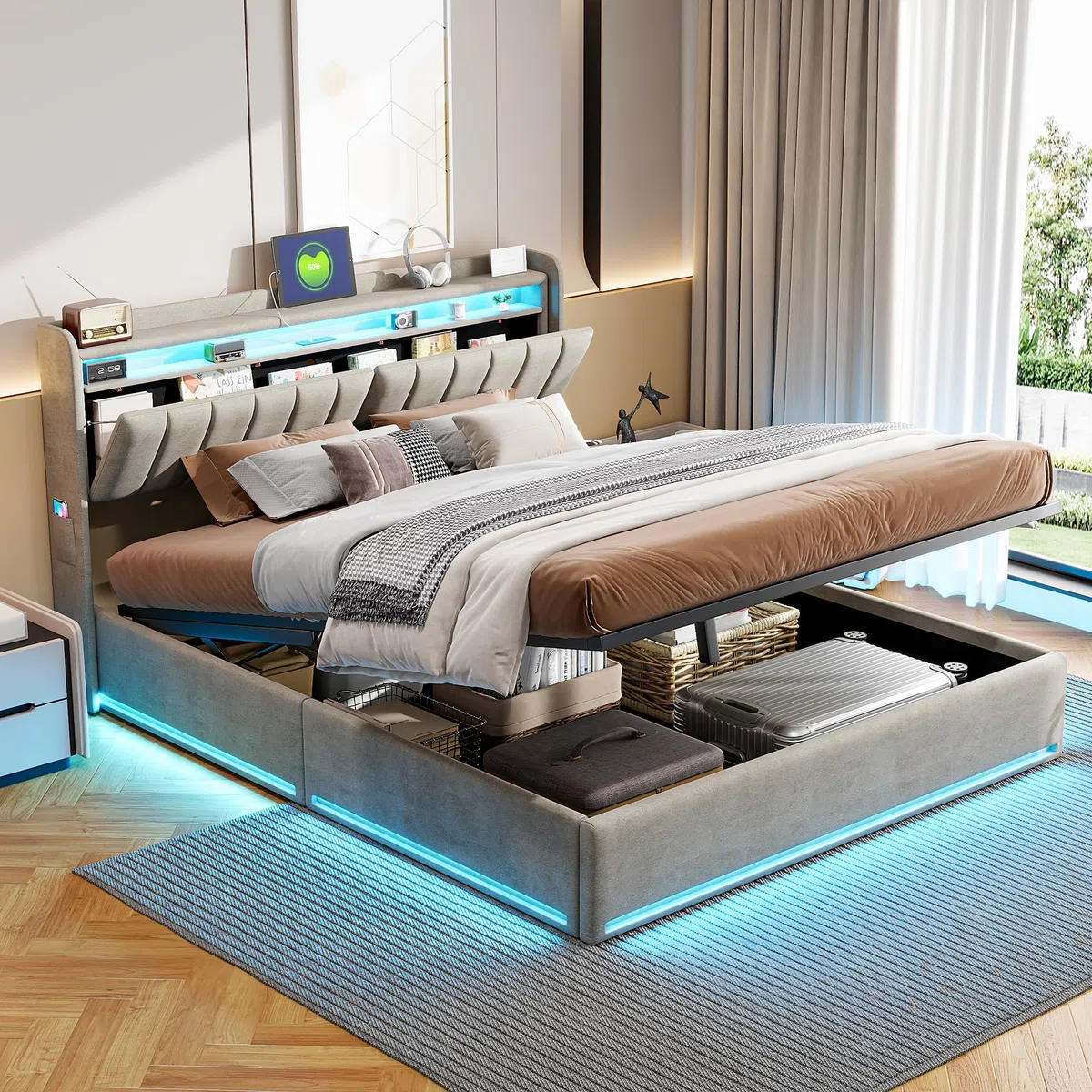 Letto Contenitore Matrimoniale 160x200 cm, Letto con Spazio Idraulico, Testiera Multifunzione con Portaoggetti, Ricarica USB A+C e Luci LED RGB, Velluto, Grigio, Senza materasso
